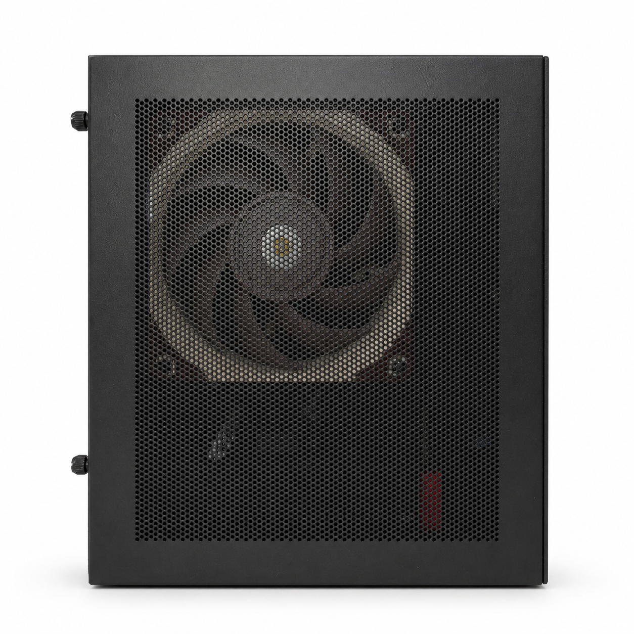 Black computer case with a visible cooling fan behind a mesh panel.