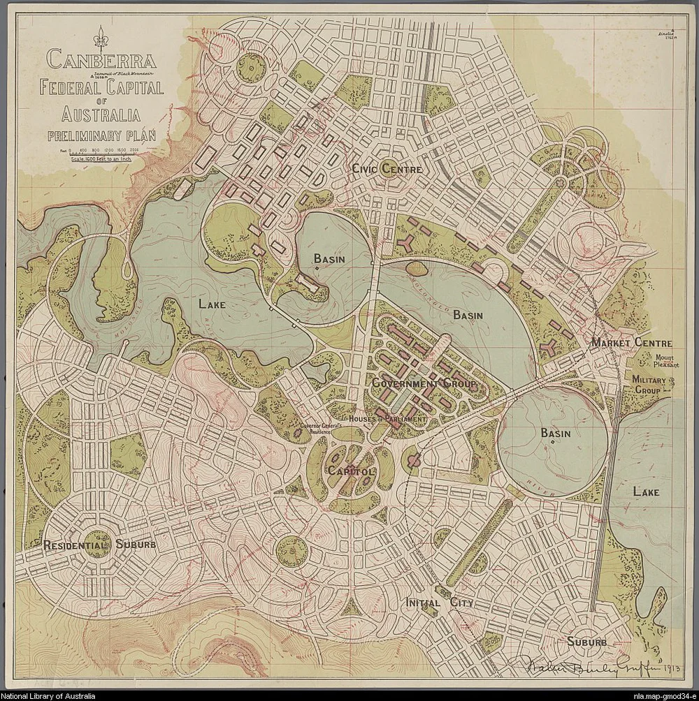 Preliminary (1913) design of Canberra ACT, by Walter Burley Griffin, showing concept plan for Lake Burley Griffin with original path of the Molonglo River just visible