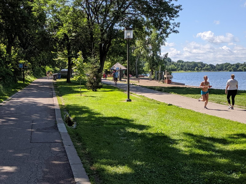 Most residents of the city have access to parklands within a 10 minute walk of their home. Note the separate bike and walking/running paths along Bde Maka Ska (or Lake White Earth - formerly Lake Calhoun) in Minneapolis.