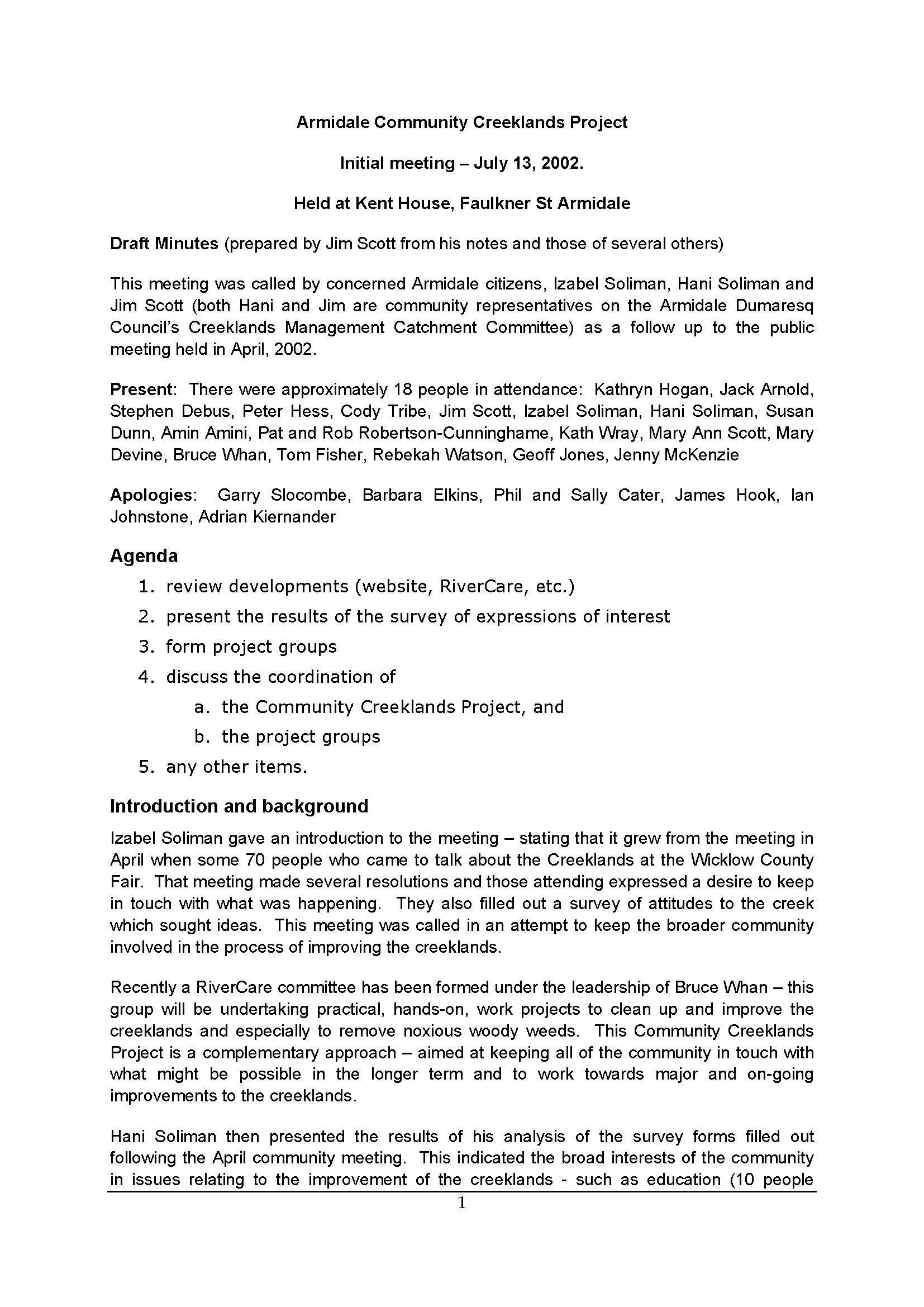 Minutes of 1st meeting of informal Armidale Creeklands Project Committee