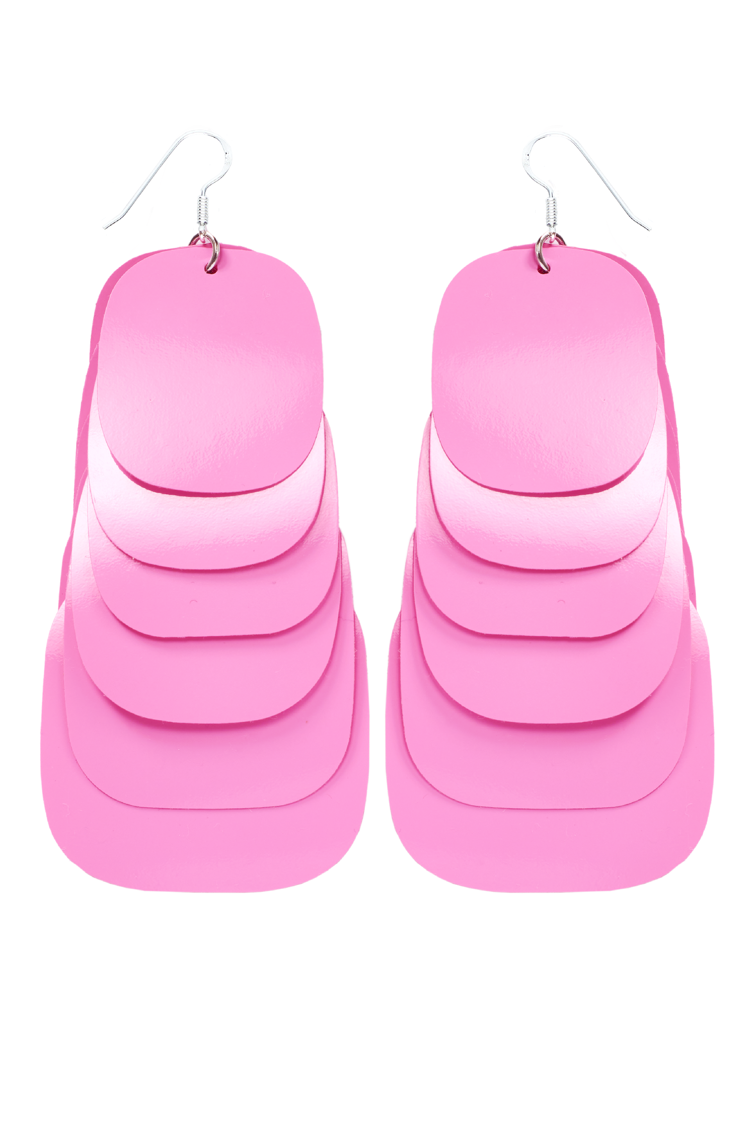 A pair of glossy pink multi-layered statement earrings with sterling silver hooks. Each lightweight earring features multiple overlapping oval shapes.