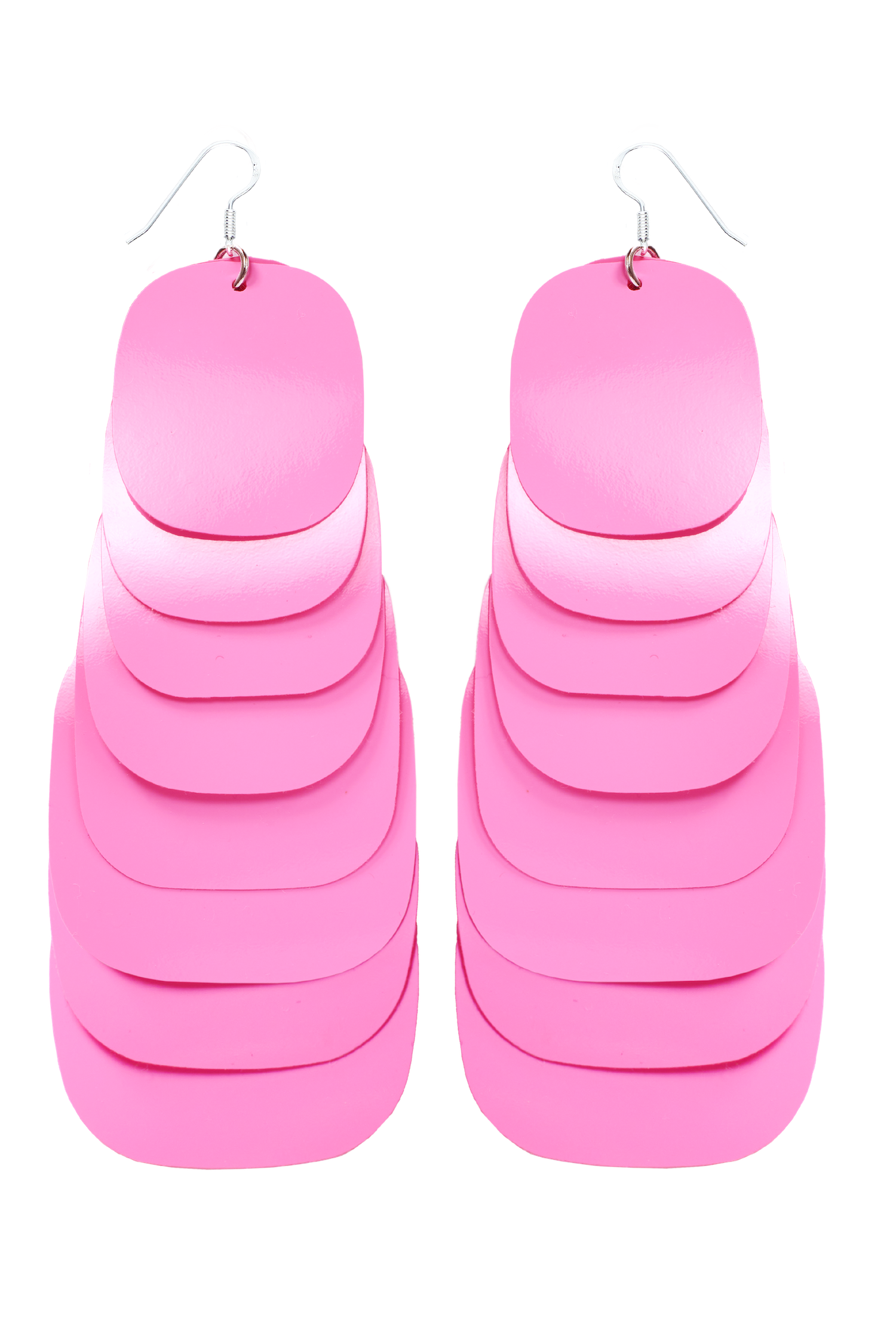 A pair of glossy pink multi-layered statement earrings with sterling silver hooks. Each lightweight earring features multiple overlapping oval shapes.