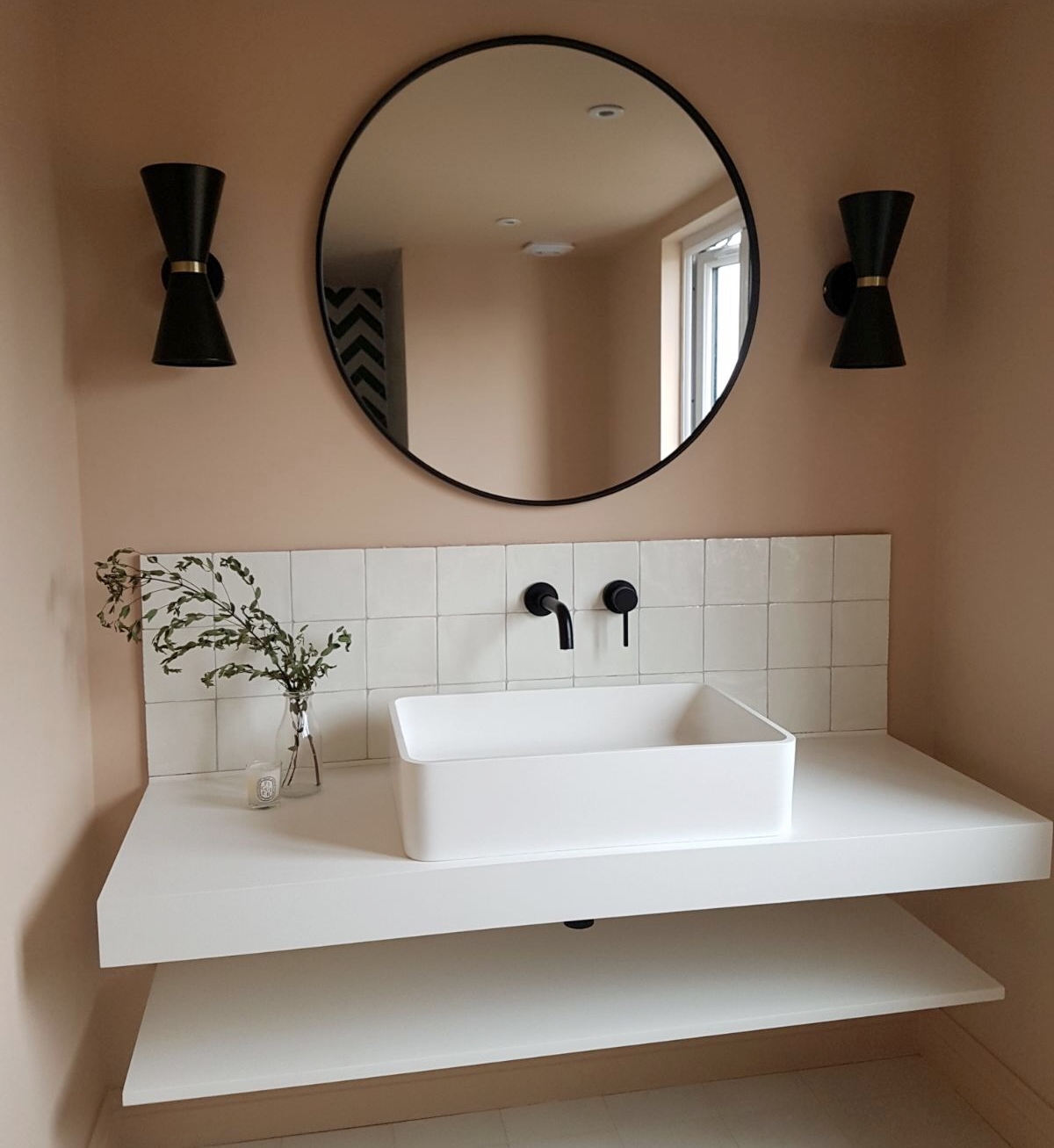 Lighting - Made.com Ogilvy wall light Mirror - Maison Du Monde Taps, sink and sink shelves, all from Lusso Stone Tiles - Bert and May (glazed terracotta tiles)