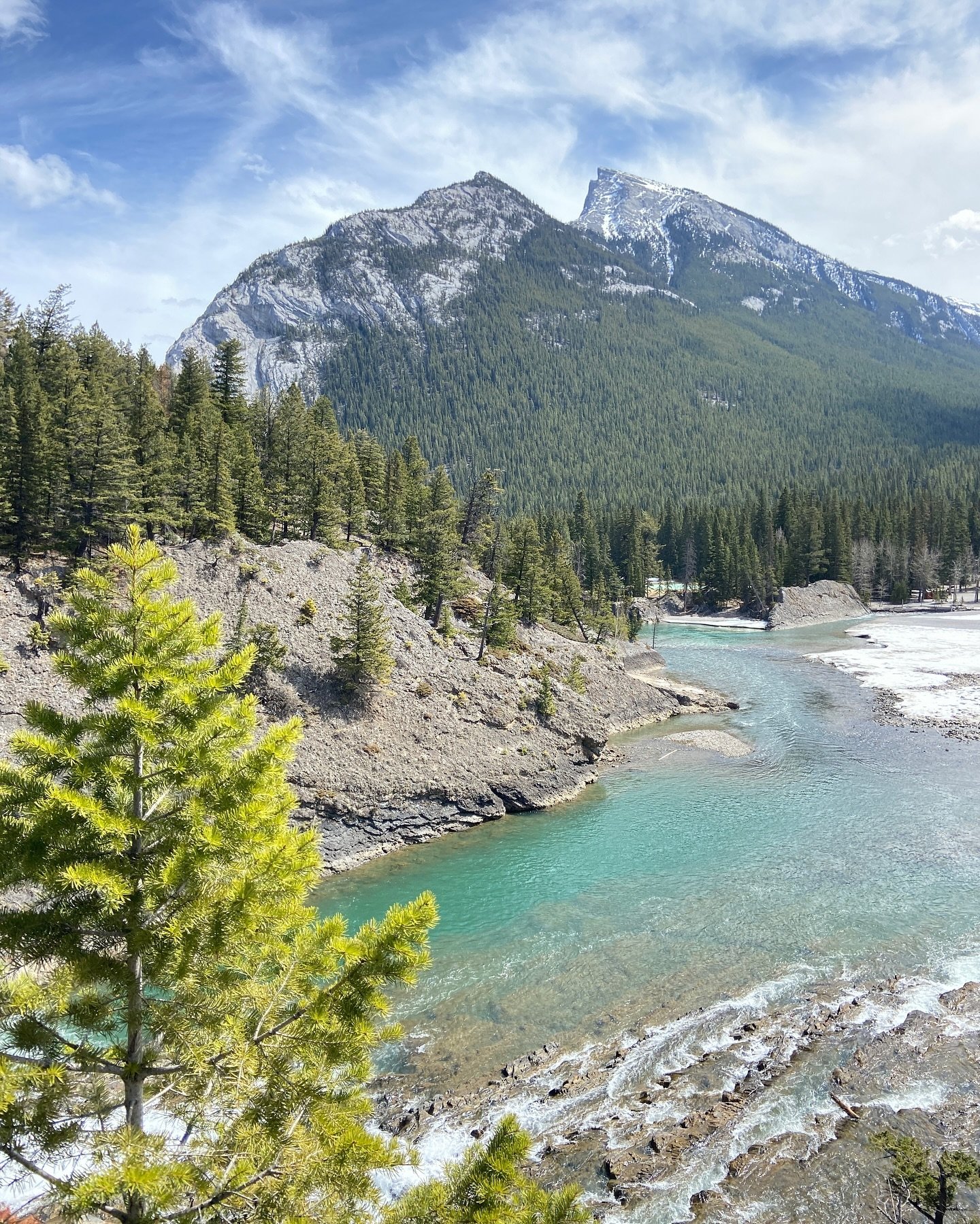 Bow River meandering towards Mount Rundle in Banff