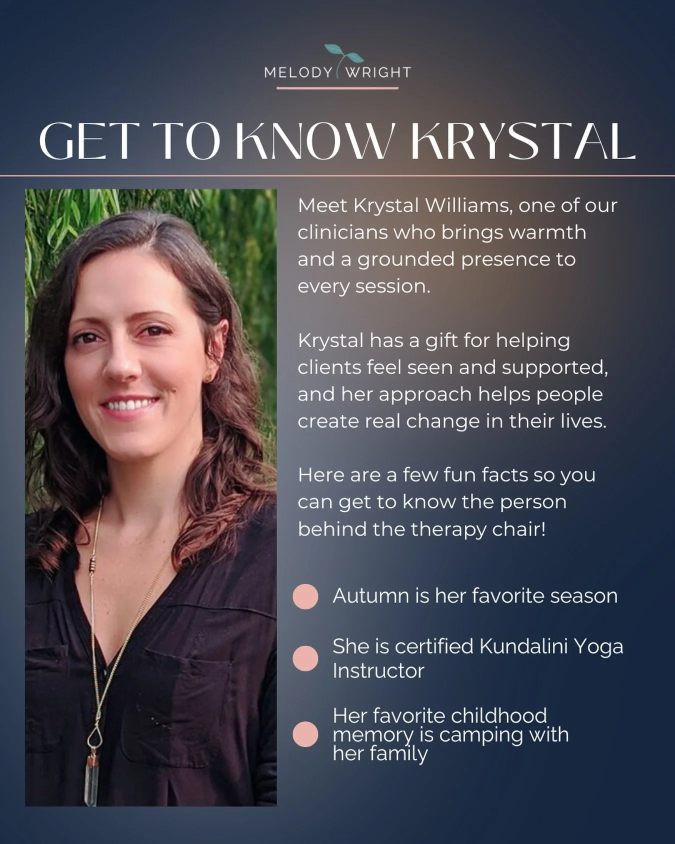 Meet Krystal Williams, LMFT, one of the incredible clinicians on our team, and someone we&rsquo;re excited to highlight because of the care, presence, and grounded support she brings to every client she works with.

Krystal has a natural gift for hel