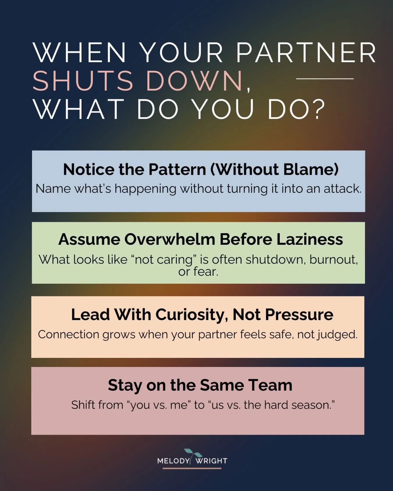 When your partner shuts down, the silence can feel like an attack.

Sometimes what looks like &ldquo;not caring&rdquo; is almost always a protective response to burnout, fear, or total overwhelm.

It can be easy to fall into a you vs. me dynamic in t