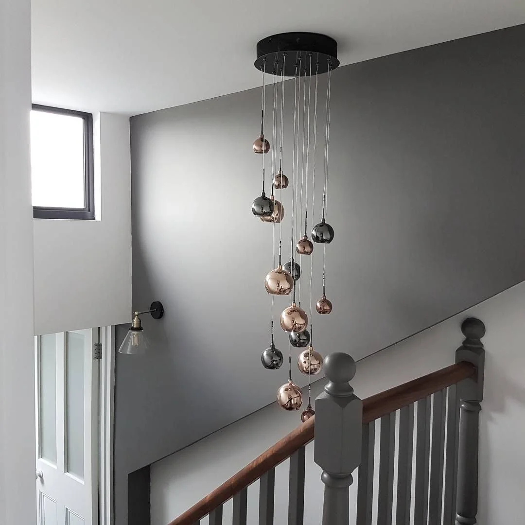Wall colour - 'Dark Lead' & 'Shirting' Little Greene ..... Ceiling light - lovelights.co.uk ..... Wall light - iconiclights.co.uk