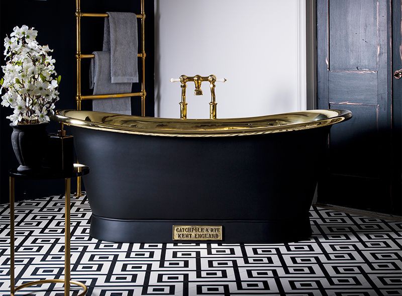 This divine charcoal painted with brass interior finish bateau bath is top of Phoebes wish list for her bathroom....... 'The bath has always been my safe place and ever since I can remember I have always bathed everyday, never showered. It is somewhere I retreat to when I am tired, I lounge in before a fun event and I watch films in to distract myself if my anxiety is getting a little bit too much. We have just bought a new house and the first room that is due a renovation is the bathroom, this bath is top of the list. Has to be in black, with the brass interior. I would spend many an hour in that!' ...... Wouldn't we all, its the bath of dreams!