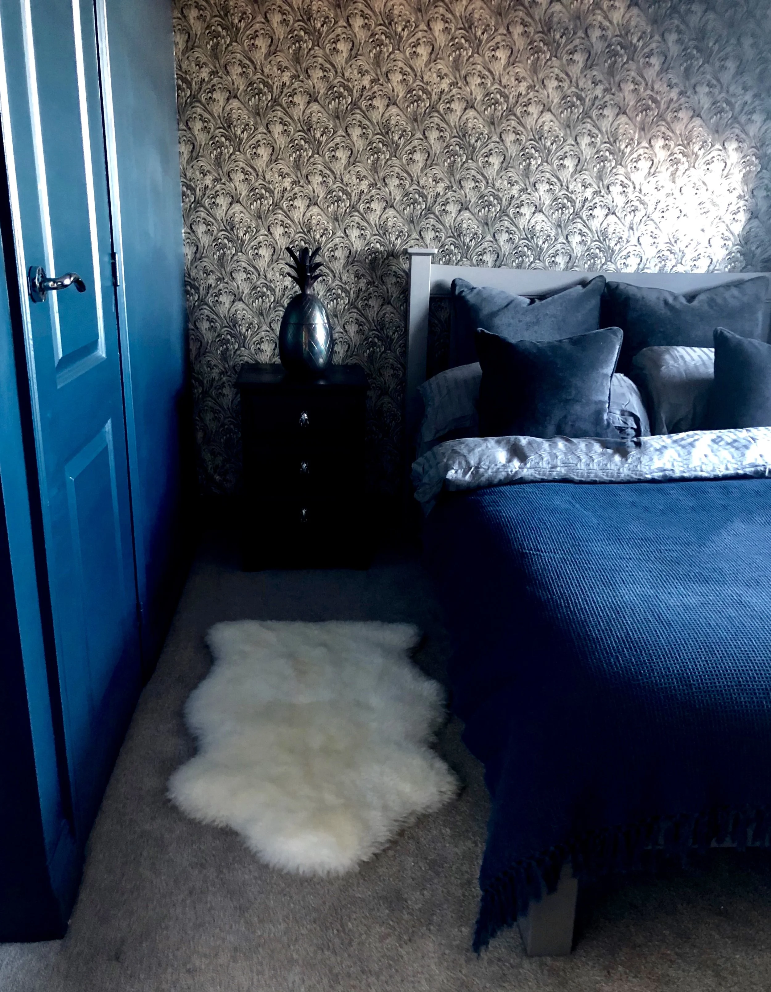 Wall/Cupboard paint- 'Lone Splendor' Valsparpaint.co.uk ...... Faux sheepskin rug- Ikea.com Wallpaper- 'Pavone' (Clarke & Clarke) Wallpaperlux.co.uk