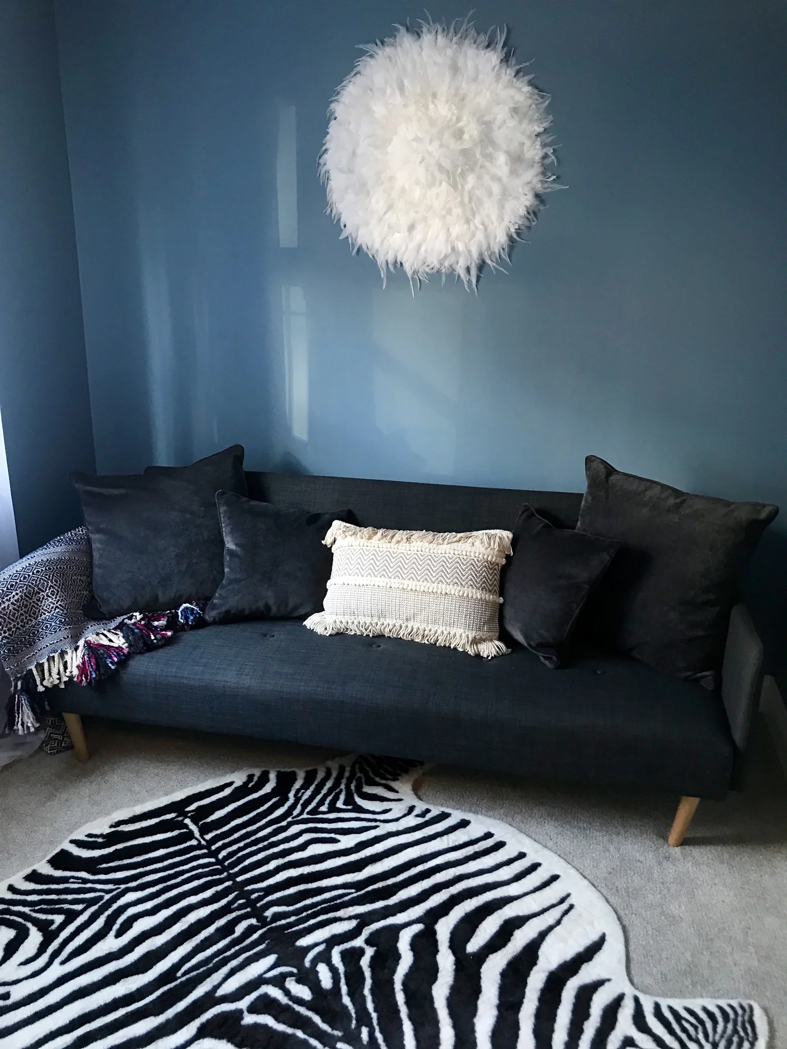 JuJu wall hanging- Donnamariakelly.co.uk ... Zebra Rug- Ikea.com ...... Tassle Cushion- Lilliandaph.co.uk Walls- 'Blue Heron' Valsparpaint.co.uk