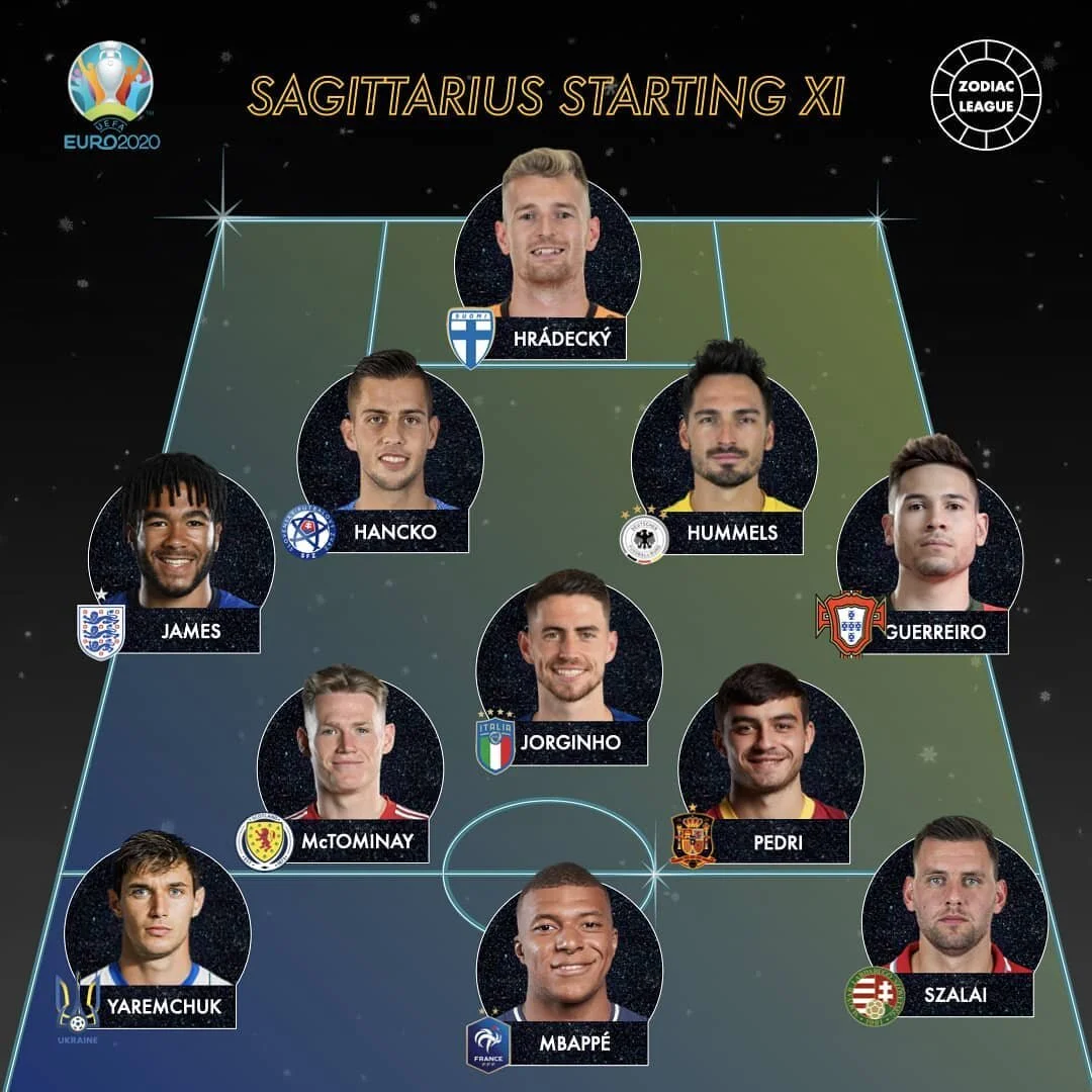 ♐ 9/12 &bull; Sagittarius starting XI 

🏆 Which sign is going to win the 2021 European Zodiac League? Discover the twelve teams that are going to compete. 

#euro2021 #euro2020 #finland #slovakia #germany #diemannschaft #hummels #england #reecejames