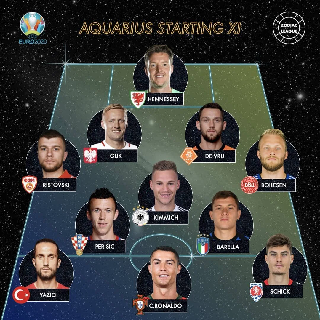 ♒ 11/12 &bull; Aquarius starting XI 

🏆 Which sign is going to win the 2021 European Zodiac League? Discover the twelve teams that are going to compete. 

#euro2021 #euro2020 #wales #hennessey #poland #holland #oranje #devrij #northmacedonia #denmar