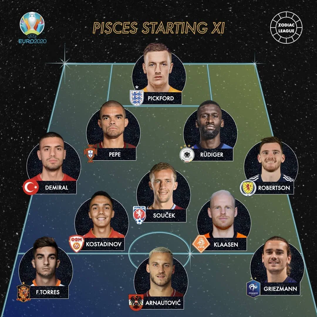 ♓ 12/12 &bull; Pisces starting XI 

🏆 Which sign is going to win the 2021 European Zodiac League? Discover the twelve teams that are going to compete. 

#euro2021 #euro2020 #england #threelions #pickford #portugal #pepe #cr7 #deutschland #diemannsch