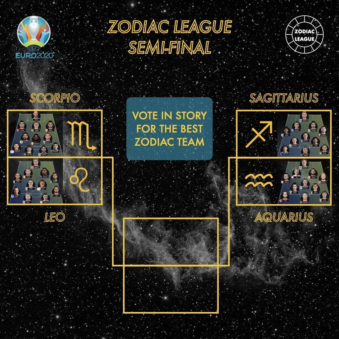 🌠 VOTE IN STORY for the best zodiac team of Euro 2020.

Semi-final 1: ♏ Scorpio VS ♌ Leo
Semi-final 2: ♐ Sagittarius VS ♒ Aquarius

Who will wil the first edition of the Zodiac League?

#euro2020 #euro2021 #zodiacsigns #zodiac #astrology  #scorpio #