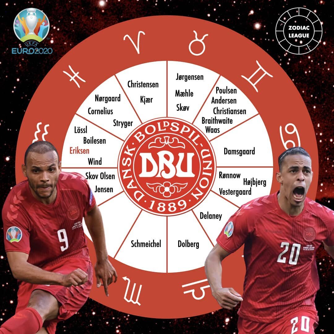 🇩🇰 One more step for Denmark to reach the 2021 Euro Final, 29 years after their win against Germany.

🌠 Do you share a sign with a player from de R&oslash;d-Hvide?

#euro2020 #euro2021 #semifinal #denmark #der&oslash;dhvide #danishdynamite #englan