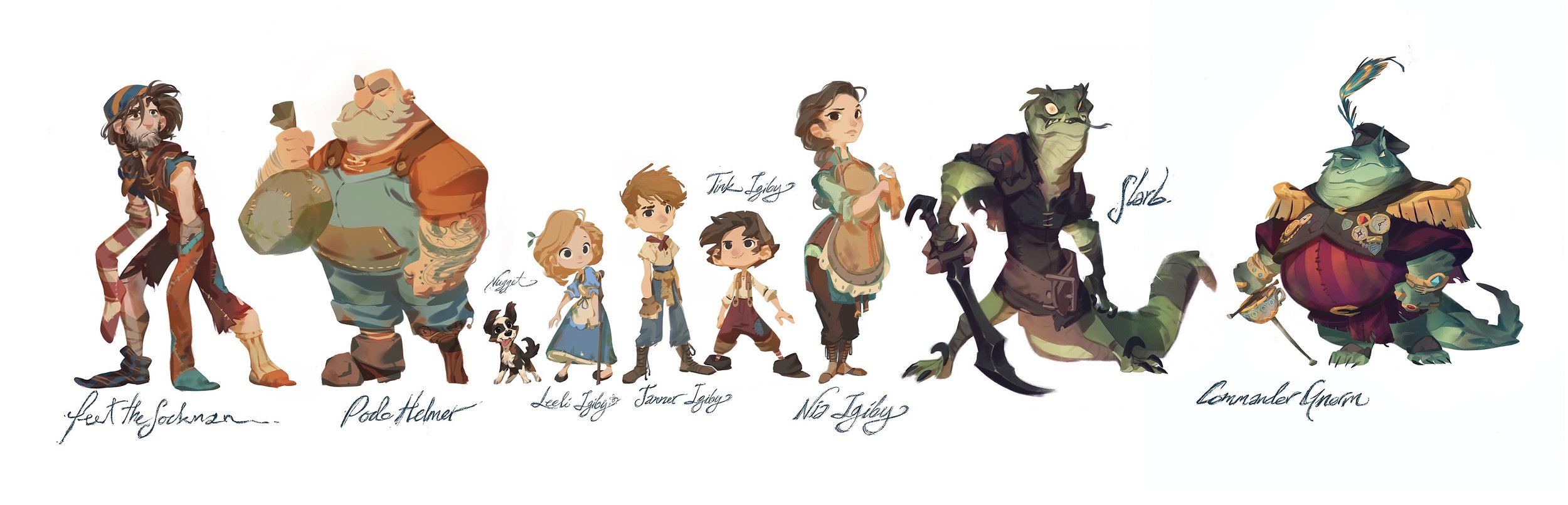 On The Wingfeather Saga , I served as Production Designer, adapting Andrew Peterson's excellent series of YA novels for TV. I worked with a team to bring the world of Aerwiar to life, through color scripts, environment paintings, and character designs of my own— as well as directing a team of artists to follow through on our unique painted look in 3D models and 2D background paintings.
