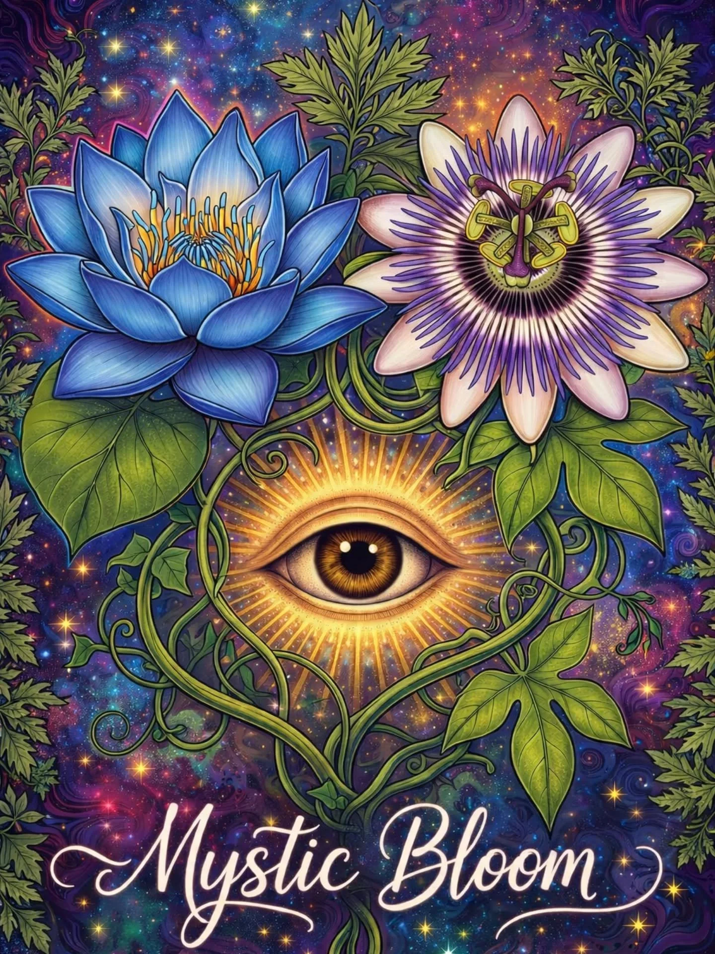 💙💜💛🌿 Mystic Bloom now available at @thebluegrasswitch! ✨👁️✨ 

This blend of organically grown passionflower leaf and mugwort, both from my personal garden, with blue lotus from Sri Lanka, is sure to awaken your inner mystic. 

💜 Passionflower v
