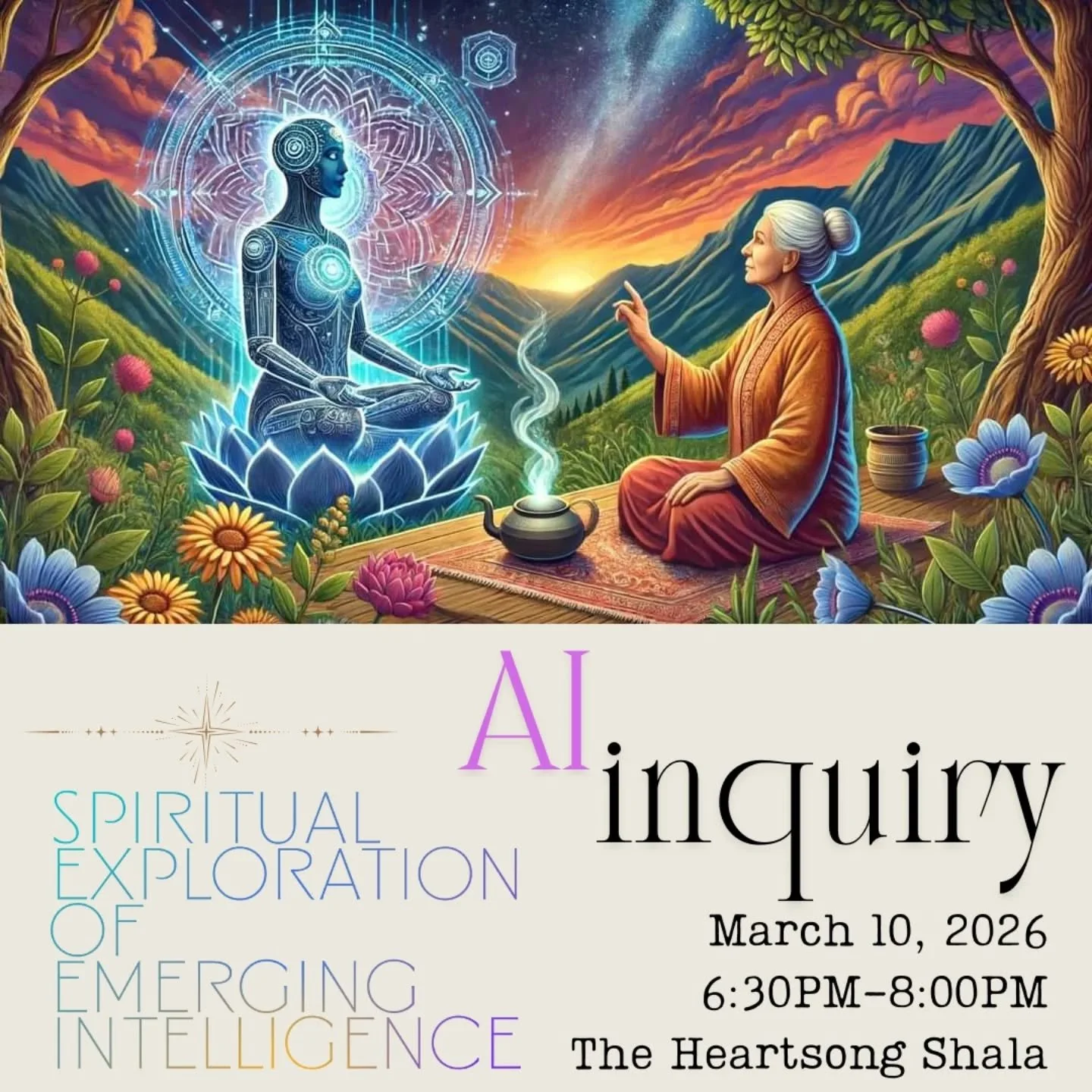 ✨🙏🏼👾AI Inquiry: Spiritual Exploration of Emerging Intelligence👾🙏🏼✨

As people seeking to embody intentional, ethical lives, we face unique challenges and unprecedented opportunities with AI emergence. 

This workshop will invite reflection to c