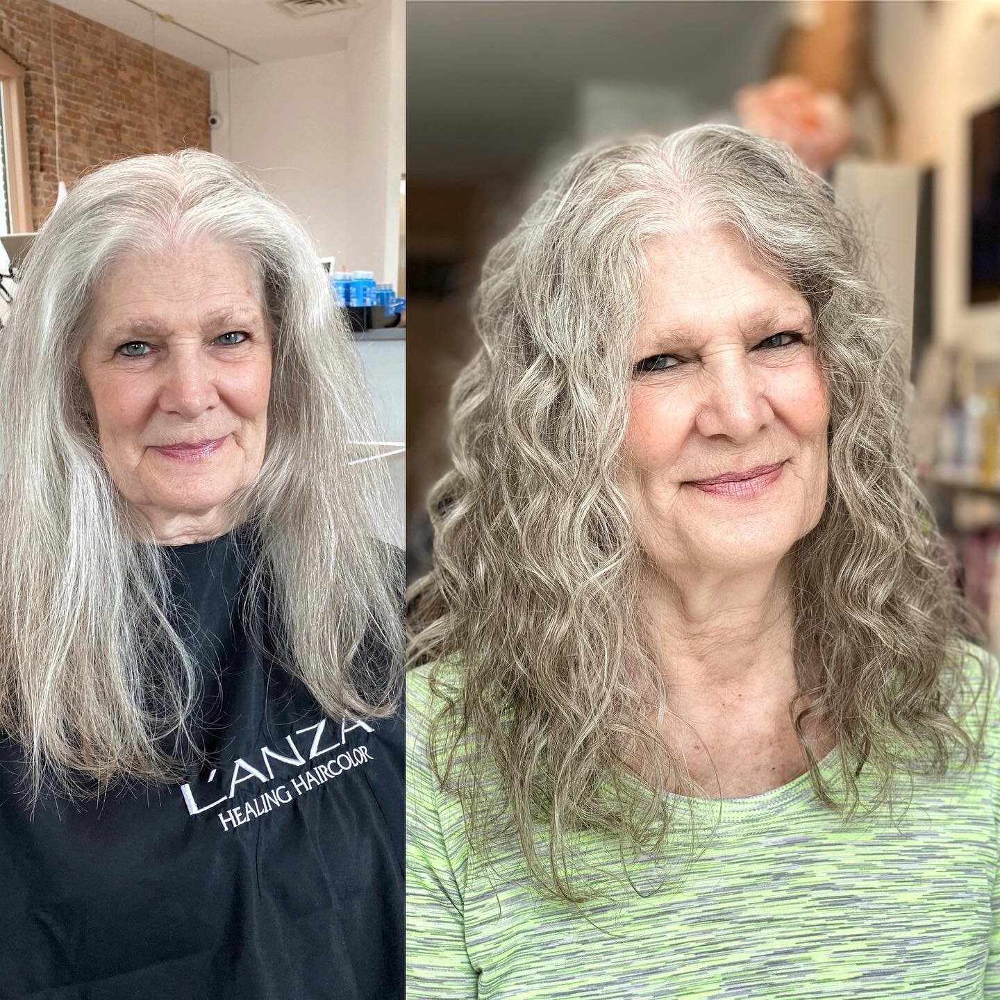 I love working with silver and gray hair!
.
This beauty felt too white in the front. We added some lowlights in the front part of her hair to give a blend that matched the rest of her color in the back.
.
And we worked on encouraging her natural curl