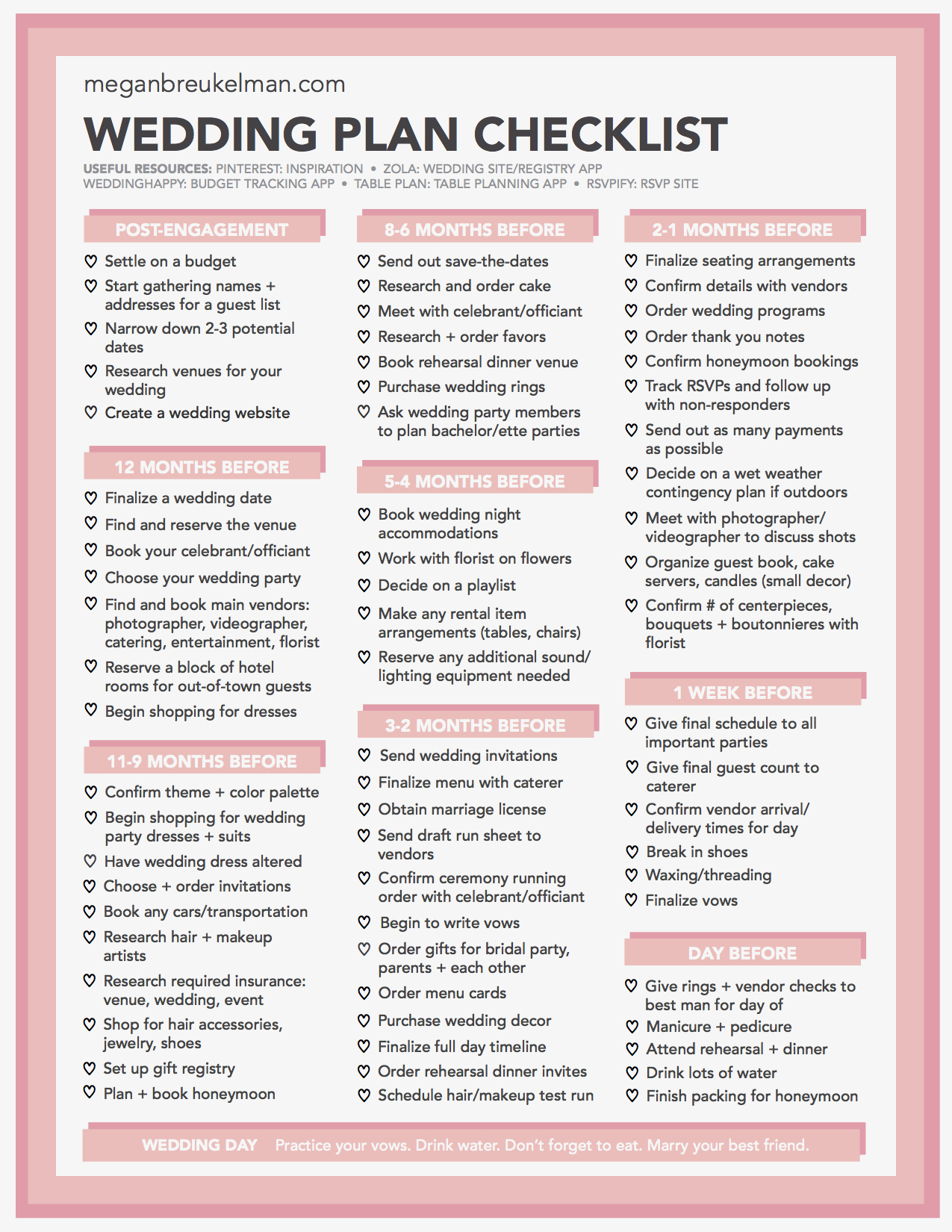 Wedding Countdown Checklist Free Printable Wedding Checklist PDF Megan Breukelman