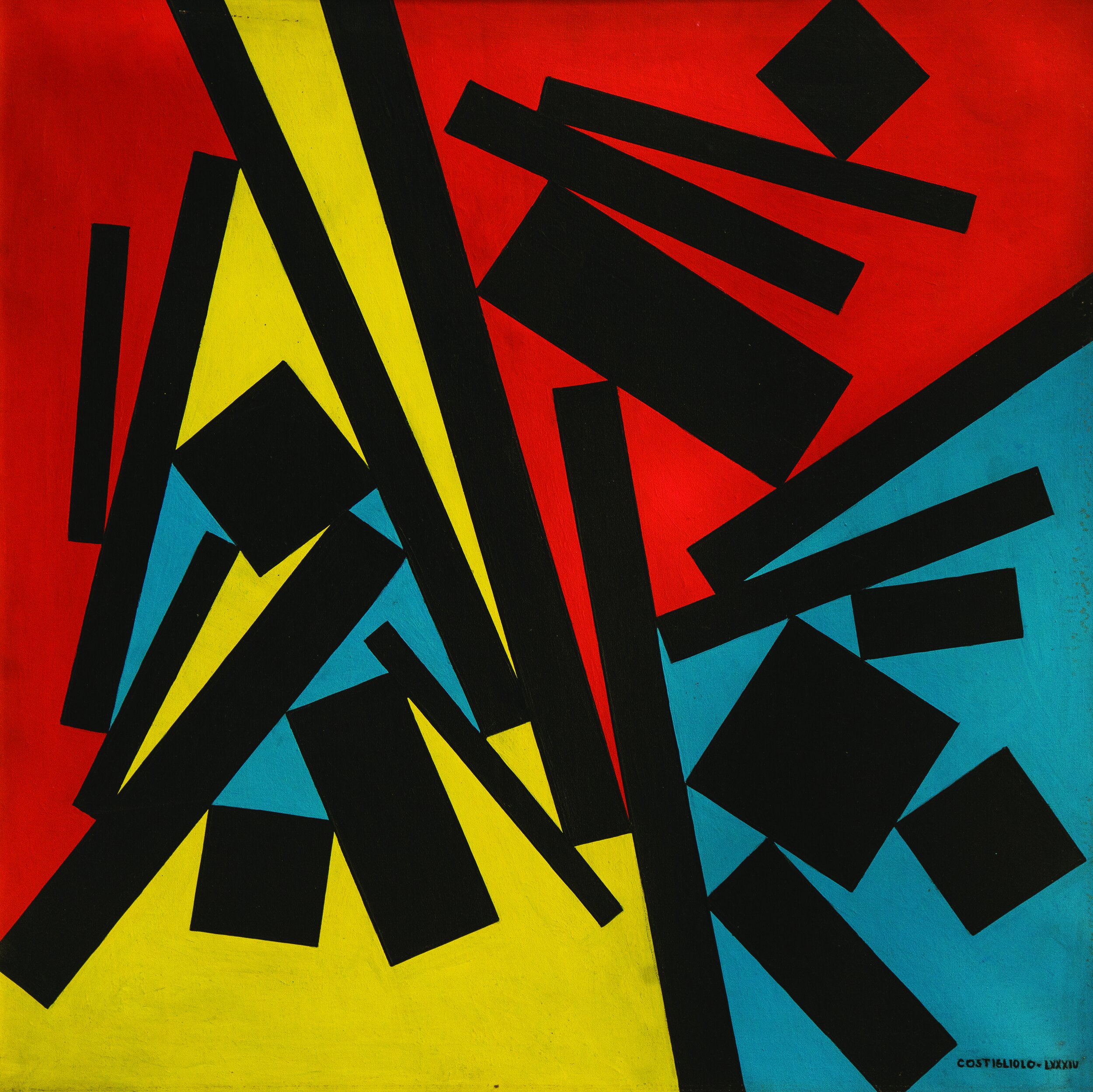   José Pedro Costigliolo      Rectángulos y cuadrados en fondo azul, rojo y amarillo   ,  c. 1980 Acrílico sobre tela 70 x 70 cm Galería SUR 