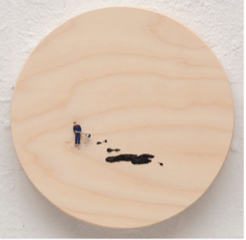 Galeria del Paseo_LiLiana Porter_ “SHINY STUFF MAN WITH RED SWEATER”_ 2023_  Assemblage;  Figurine, on circular wooden panel with acrylic _ 20,32 x 20,32 x 190,5 cm_.png