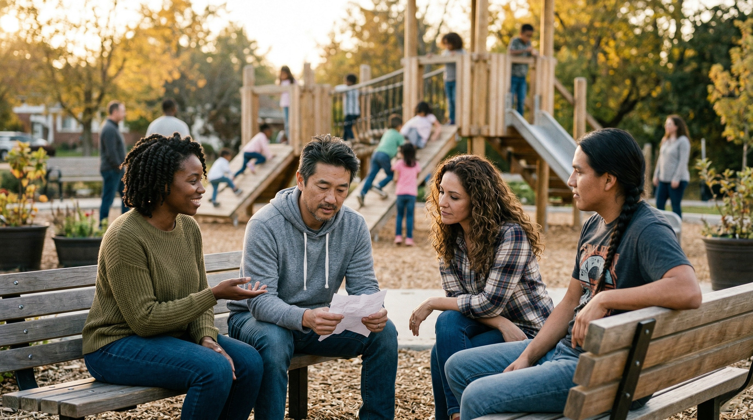 A diverse group of parents connecting at a playground, showing how to build small, realistic support systems to combat parenting burnout.