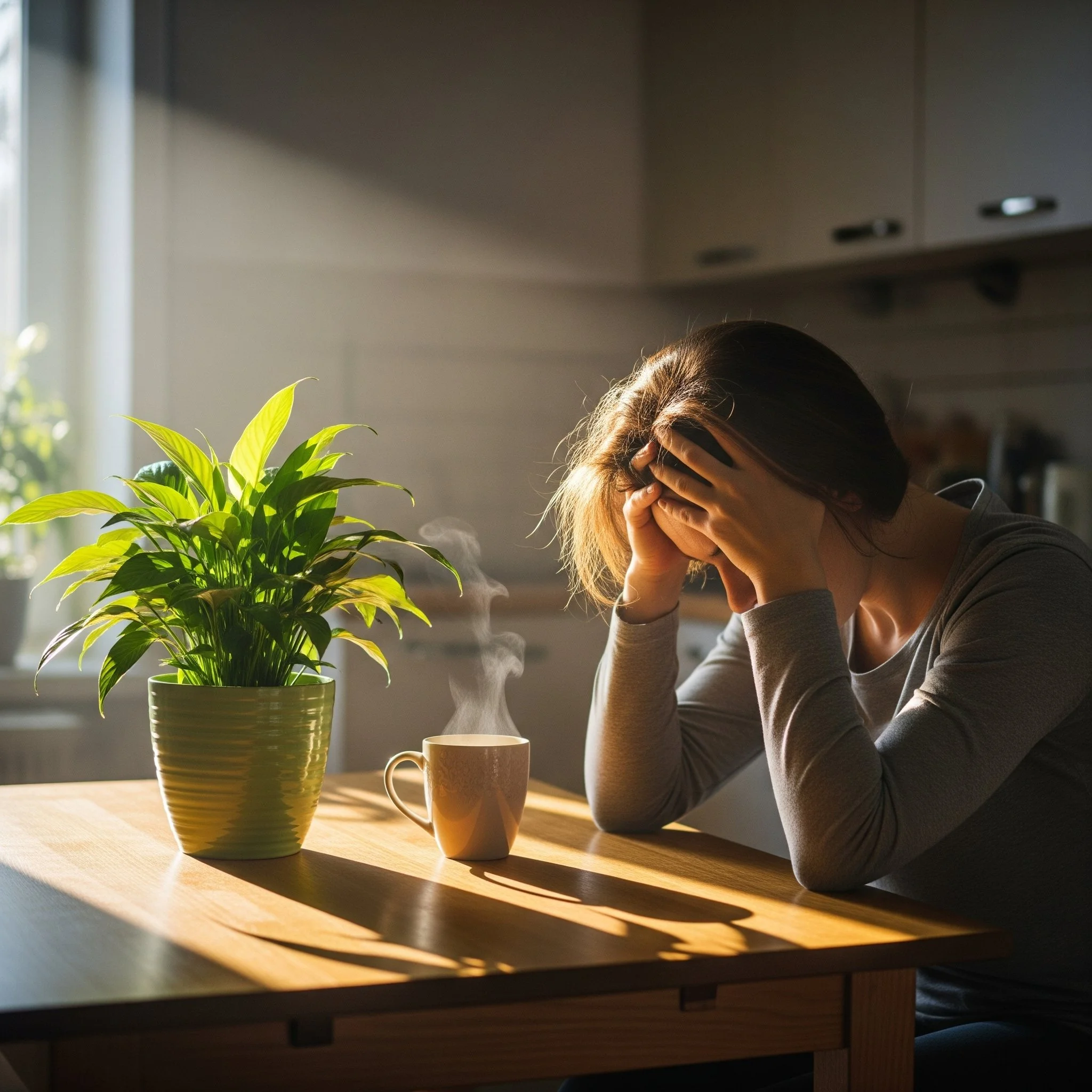 A woman in her 30s–40s at a kitchen table, looking exhausted with signs of invisible labor around her, contrasted with a calmer version of herself holding a warm drink in soft light, symbolizing the shift from burnout to balance.