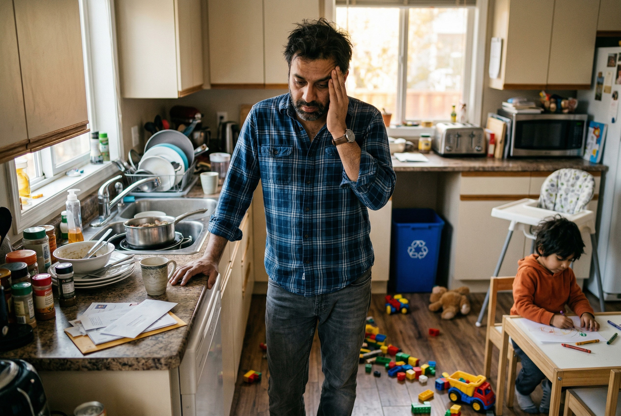 A tired father standing in a messy kitchen, representing the overwhelming invisible labor and stress of solo parenting often discussed in therapy.