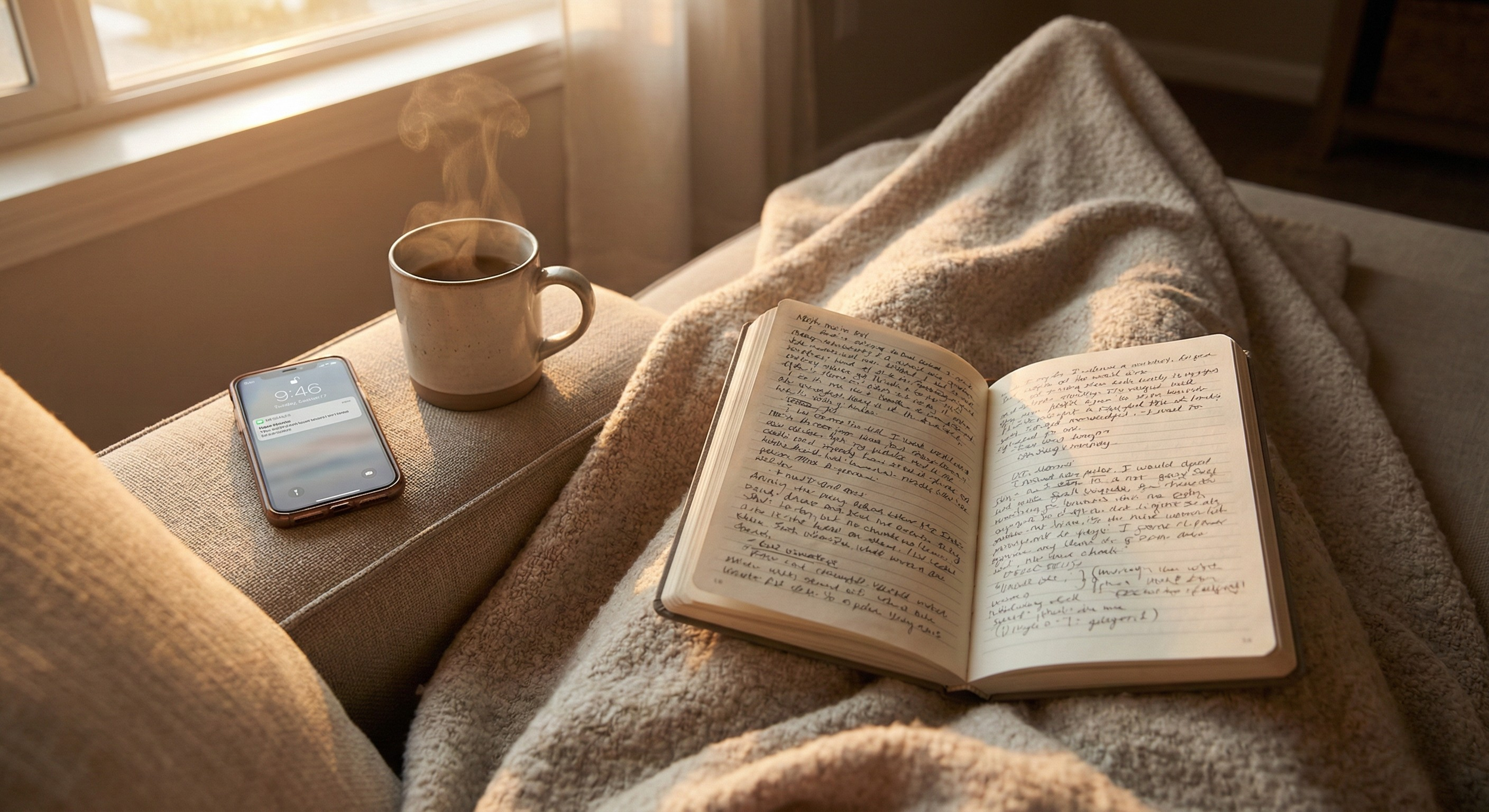 A person relaxing on a couch with a journal, coffee, and phone, illustrating the concept of self-reflection and processing emotions outside of relationships for clients of a St. Louis therapist.