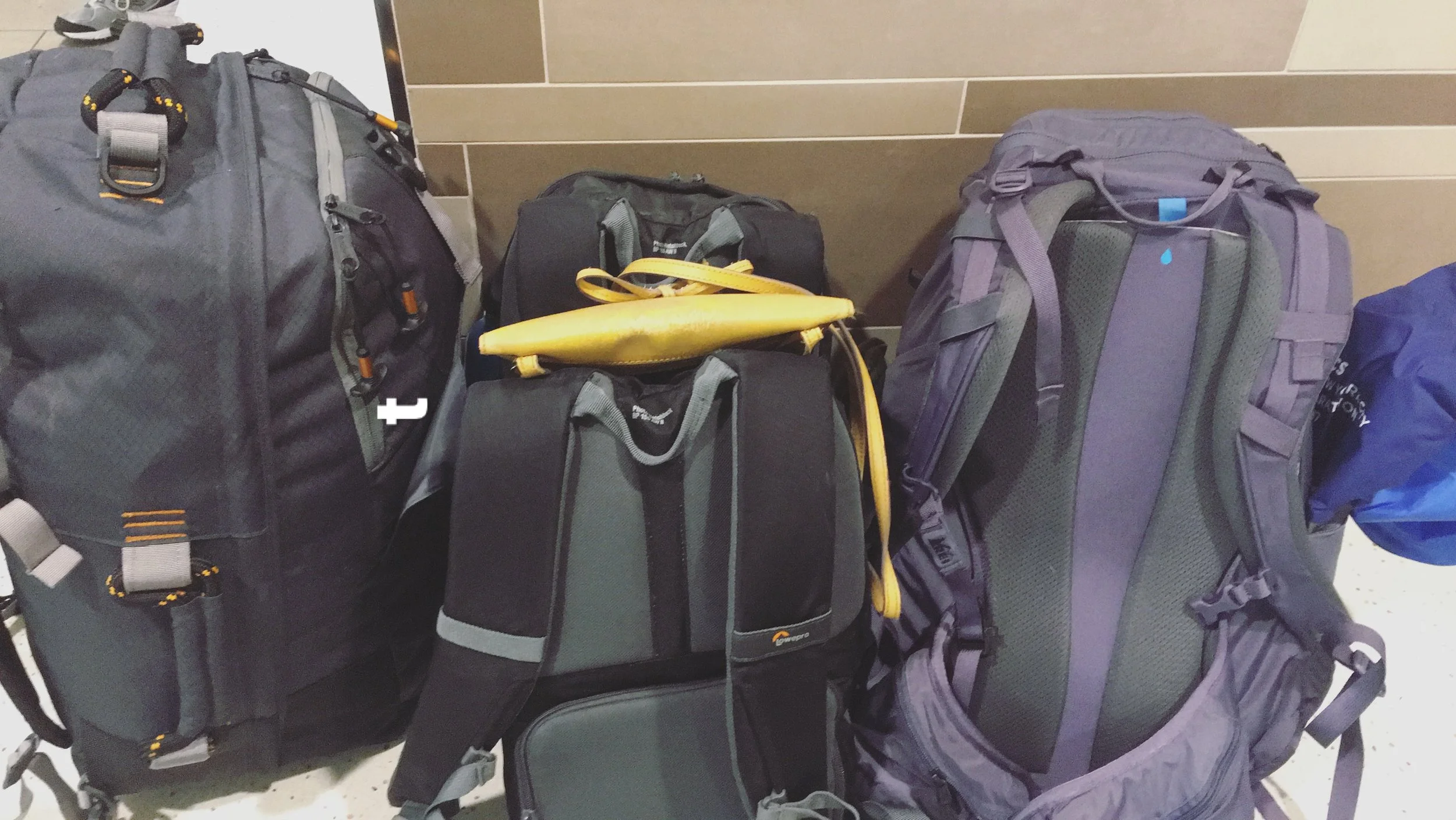 All our bags from our Morocco trip! We never check bags to one save money and two save time once you arrive at a destination. Also removes the possibility of airlines losing your luggage!