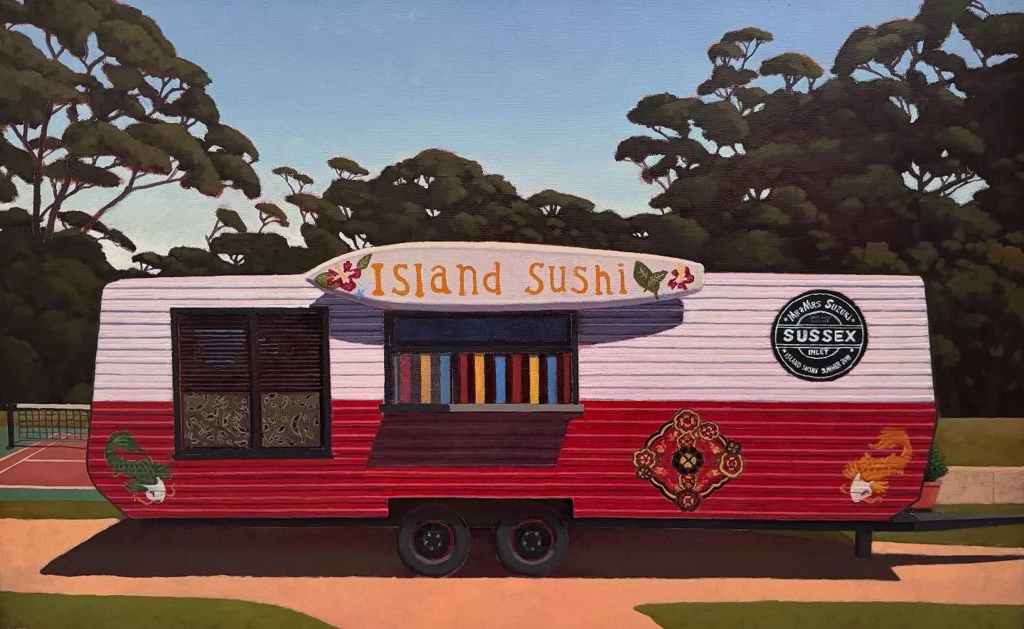 Recently completed painting, &ldquo;Island Sushi&rdquo;. 51cm x 81cm, oil on linen, a tribute to Mr and Mrs Suzuki @islandsushi2019. Thanks for all the fish!