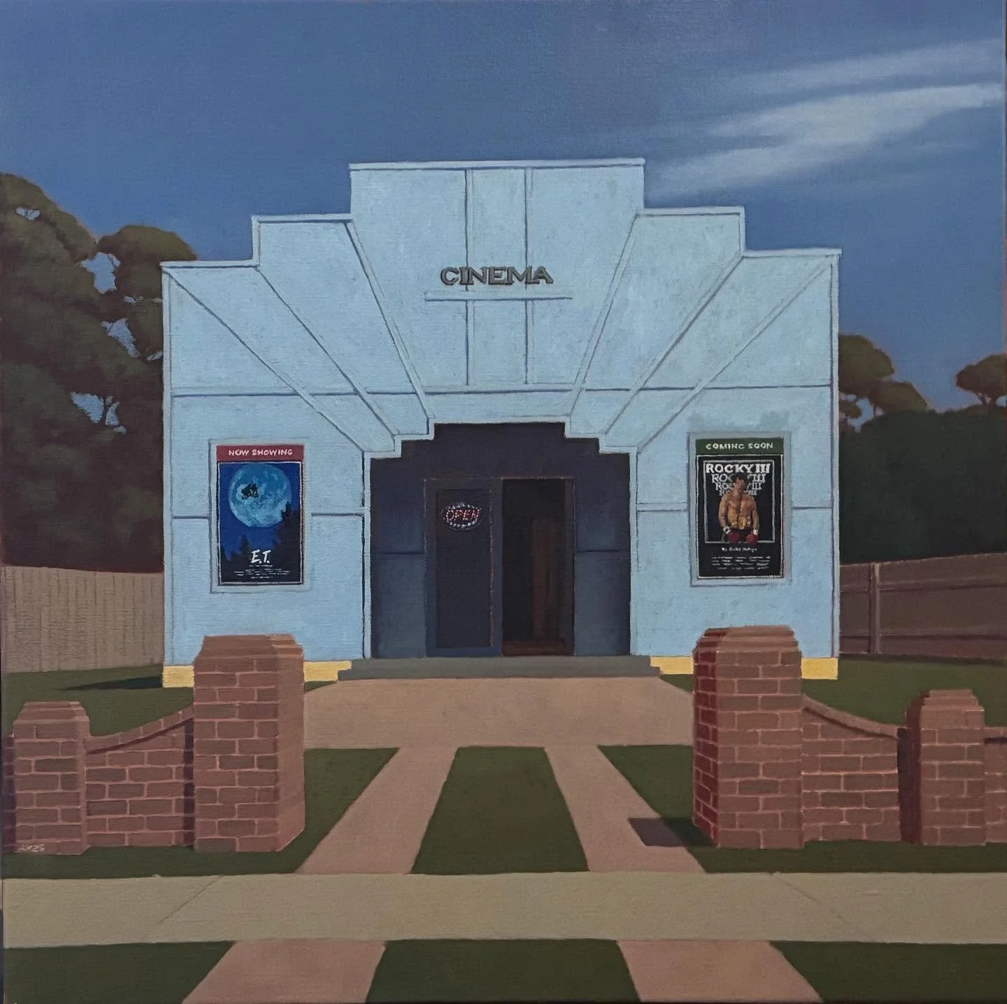 Recently completed painting, &ldquo;Cinema 1982&rdquo;, 61cm x 61cm oil on linen, and intentionally Wes Anderson. The golden age &hellip;