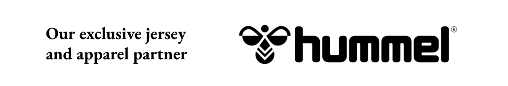 Text reading 'Our exclusive jersey and apparel partner Hummel' with the Hummel logo next to it.