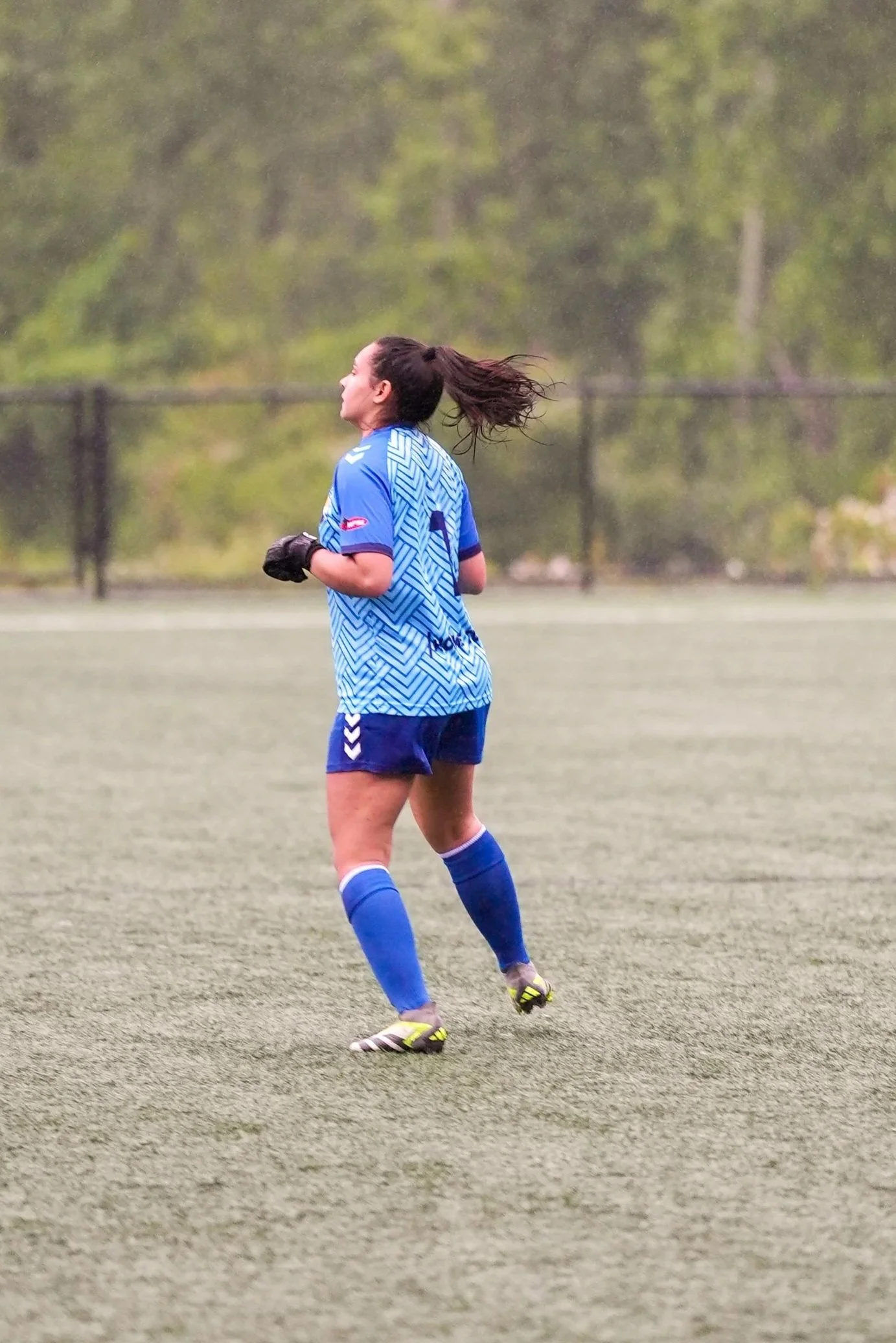 A female soccer player with long hair in a ponytail, wearing a blue patterned jersey, shorts, and socks, standing on a green soccer field.