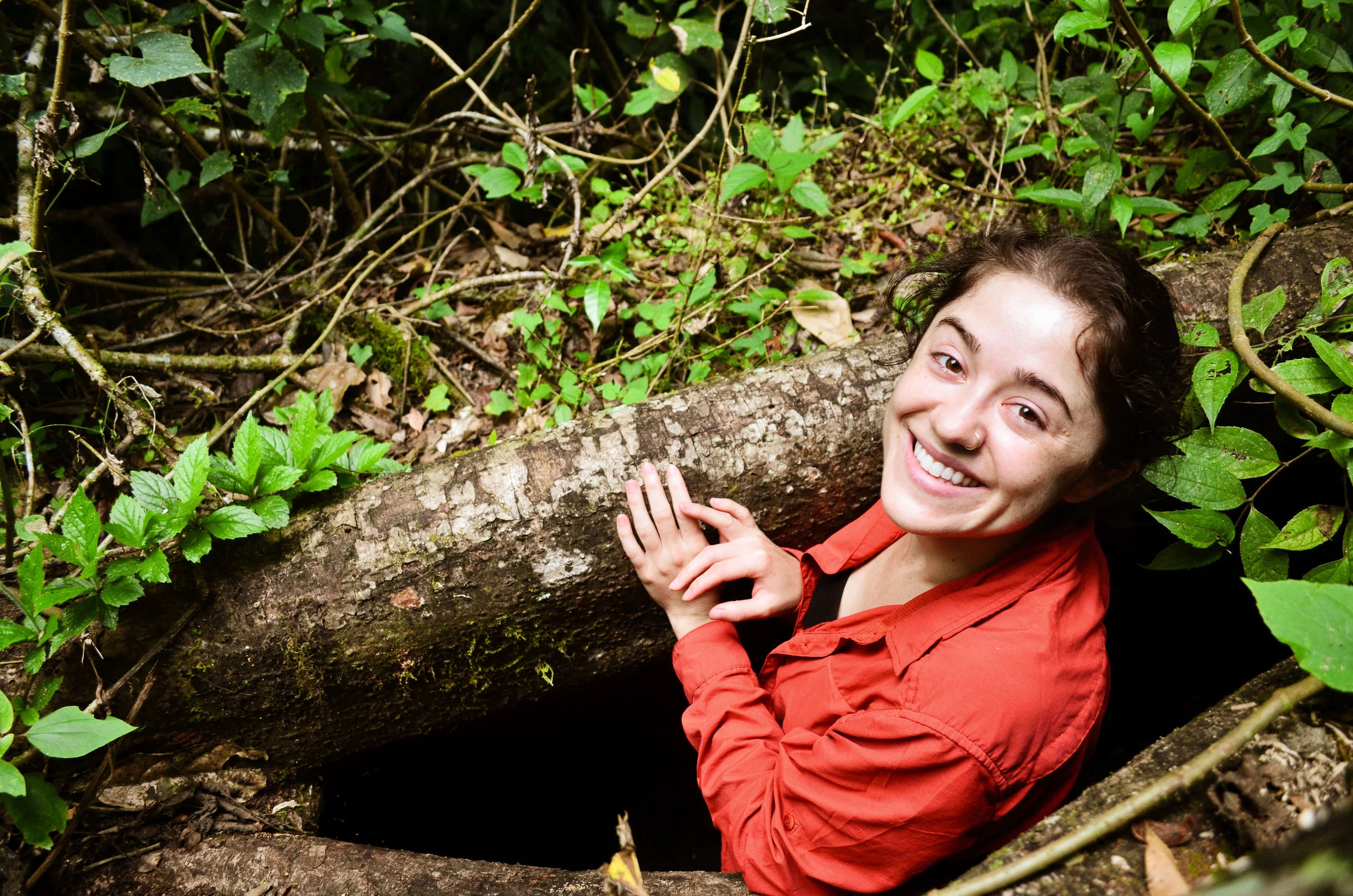 Rebecca peeking out from a matapalo tree