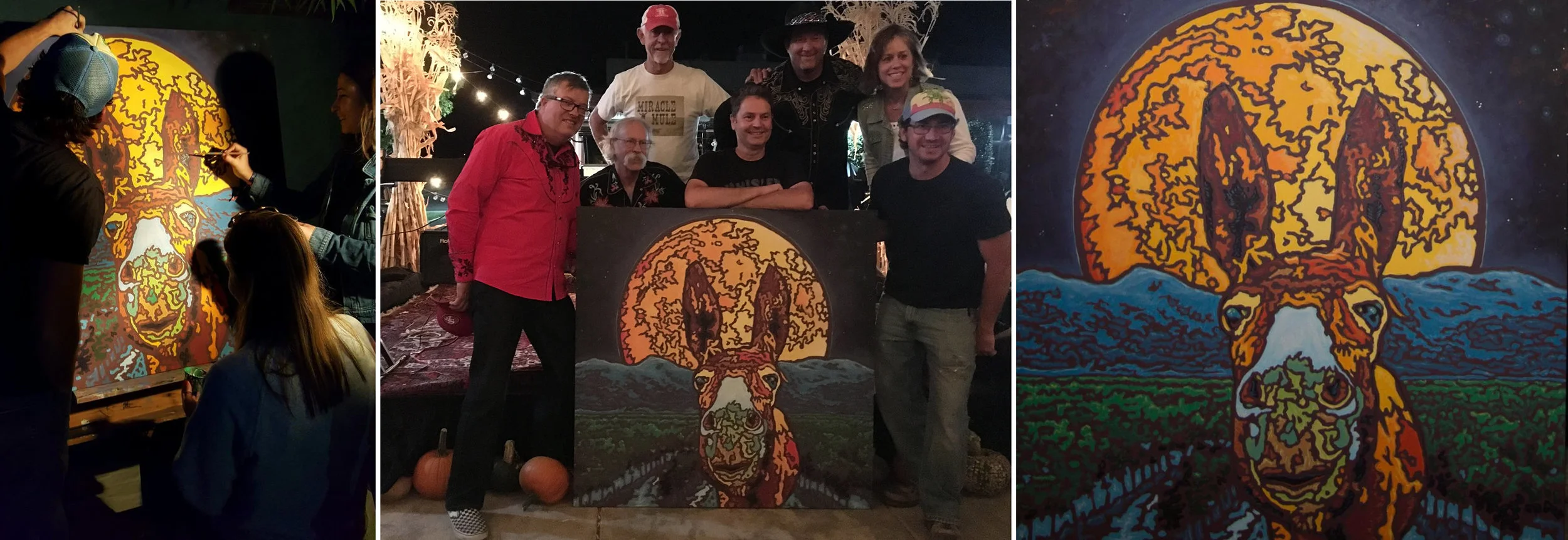 Left to right: The work in progress, Artist William Callnan III (front right) posing with 7 Mules, the completed masterpiece