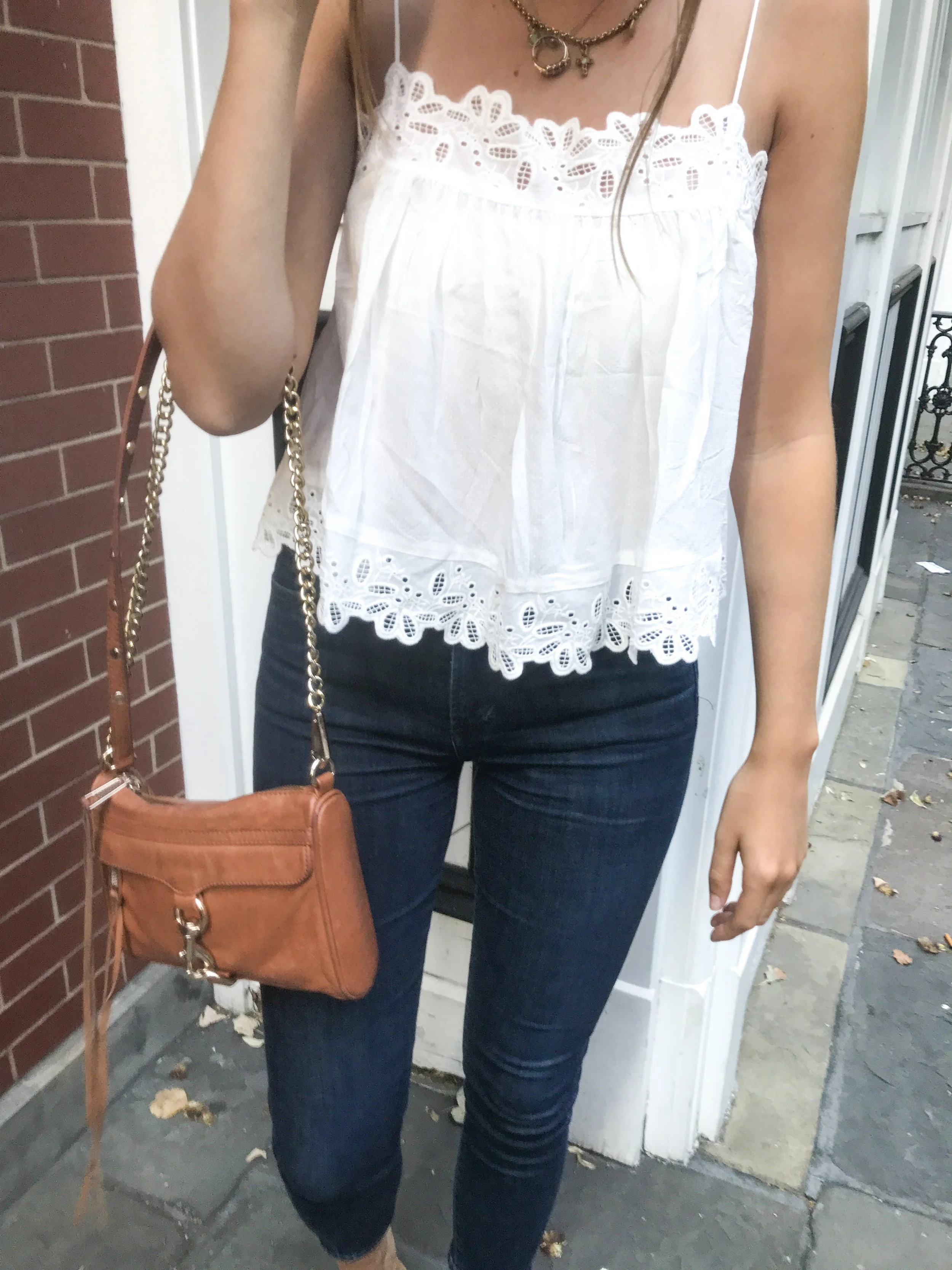 white top and blue jeans outfit