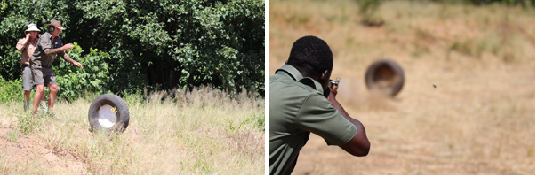 A ZimParks ranger on the Advanced Weapons Course hones his "moving target" skills by shooting at a target imbedded into a rolling vehicle tyre set in motion by course tutors John and Andy.
