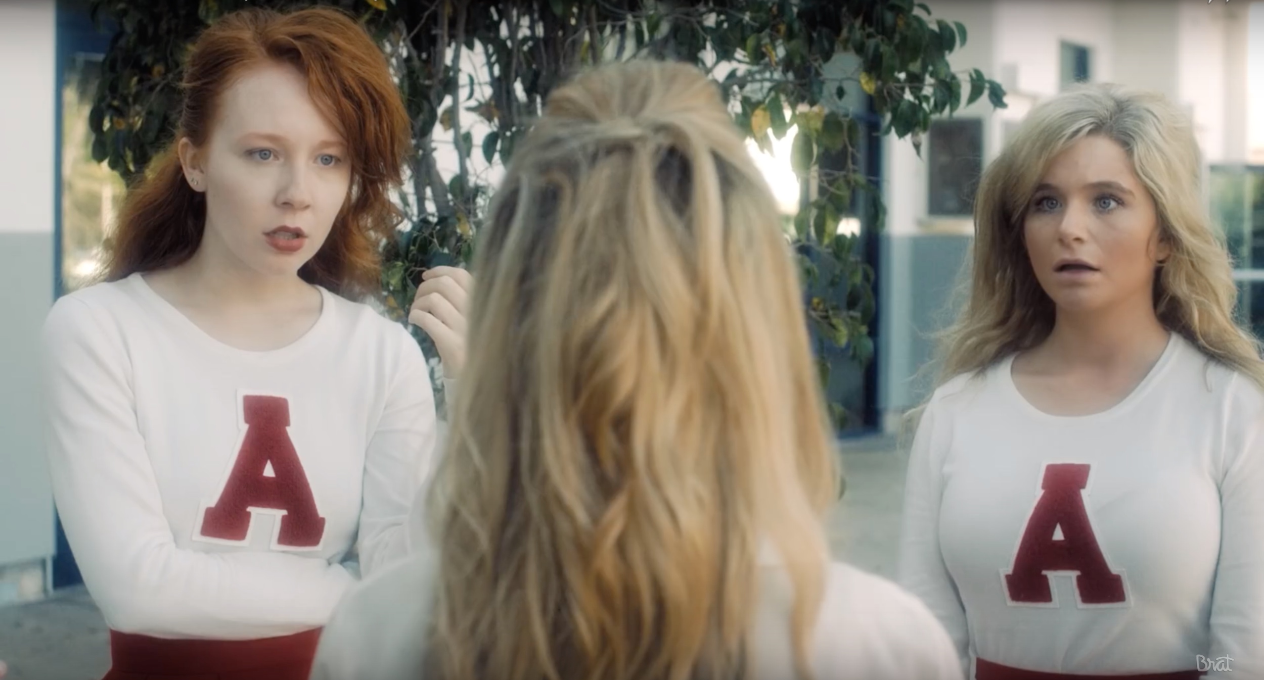GLENNELLEN ANDERSON as cheerleader and glee club leader, Linda, in BRAT’s YouTube series, A GIRL NAMED JO (starring Annie LeBlanc and Addison Reicke ) alongside costar, Caroline Mehki as Martha.