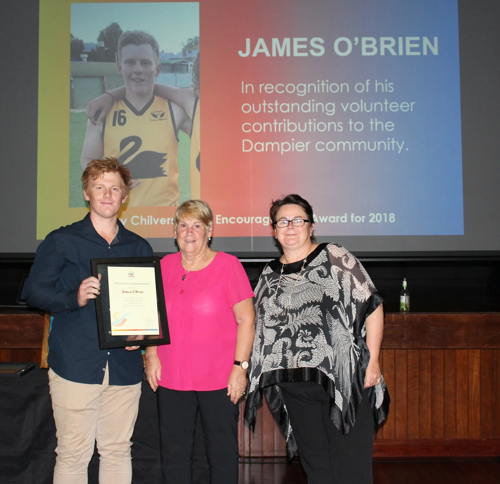 2018 Harry Chilvers Youth Encouragement Award Winner : Jimmy O’ Brien, Jean Chilvers, Gill Furlong