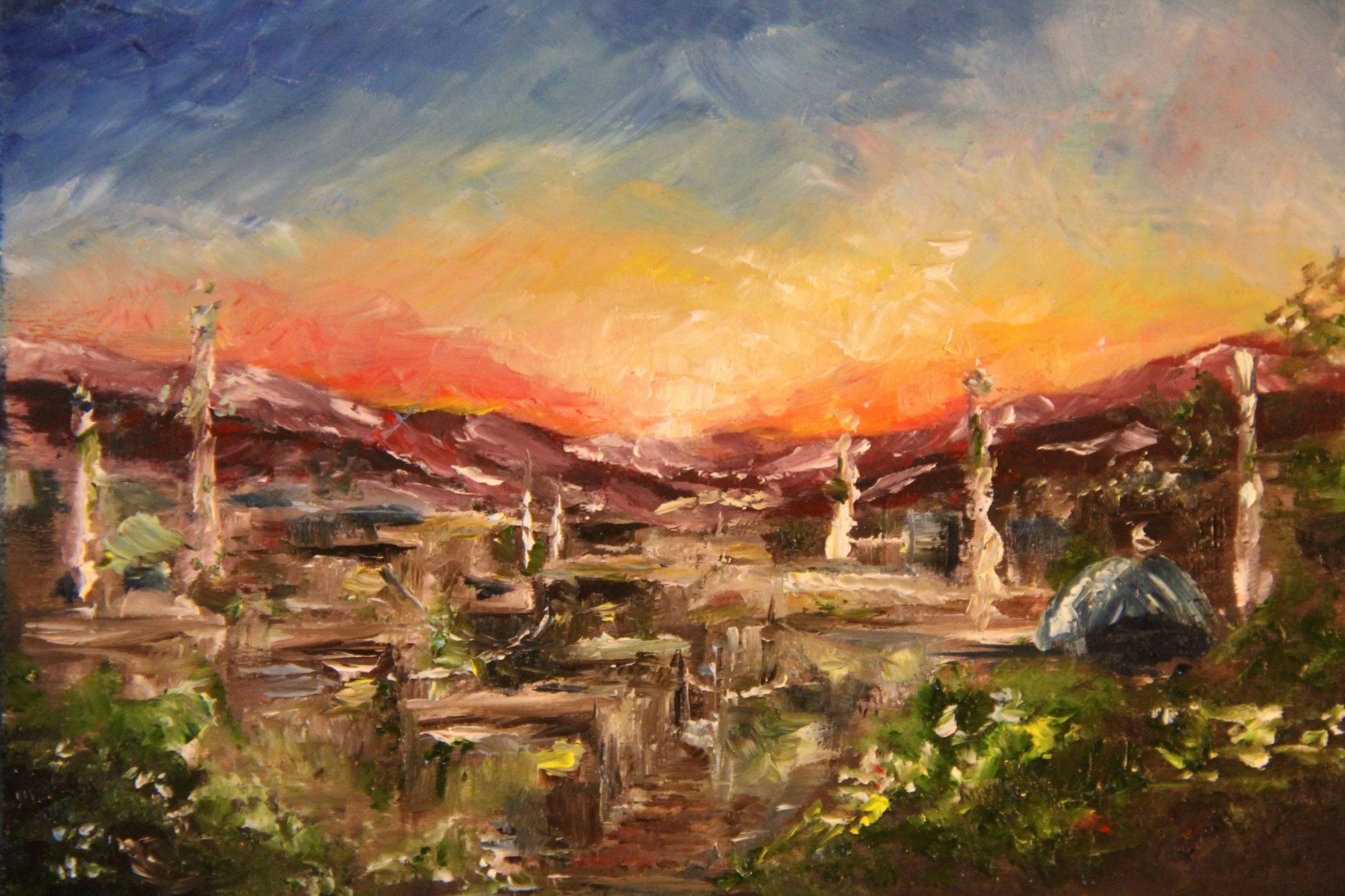  Amman at Sunrise - I spent six weeks in Amman, Jordan during the summer of 2012. Throughout my stay, I searched for the right gift for a close friend of mine. Nothing seemed right, so when I returned to the States, I painted the Amman I remembered. 