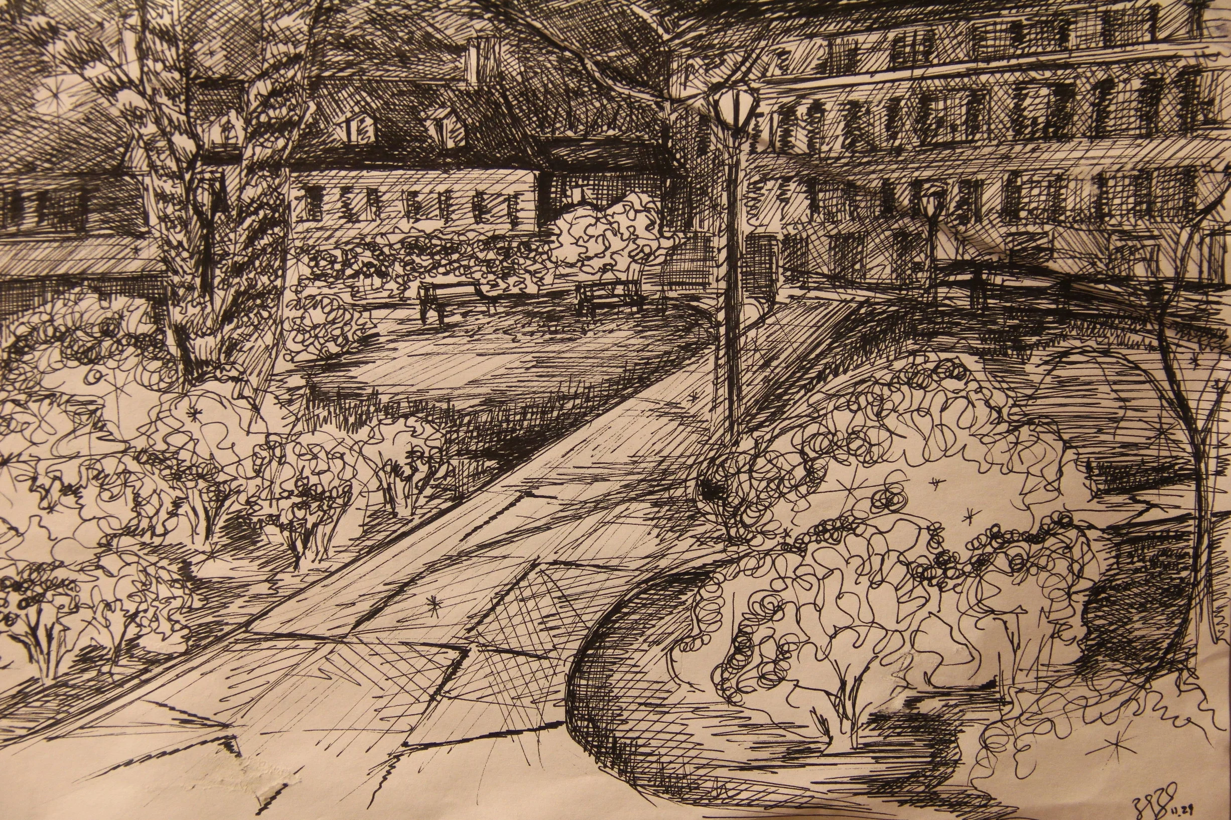  Davenport Upper Courtyard, as imagined in the winter.   Ink on paper, 2013, 8.5”x11” 
