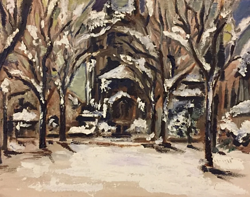  Yale Sterling Memorial Library after the blizzard.  Oil on canvas board, 2013, 16”x12” 