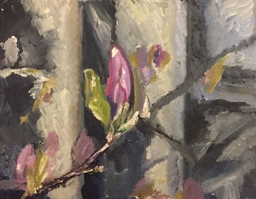  Before the bloom! Ezra Stiles College in the Spring.   Oil on canvas, 2013, 10”x8”   