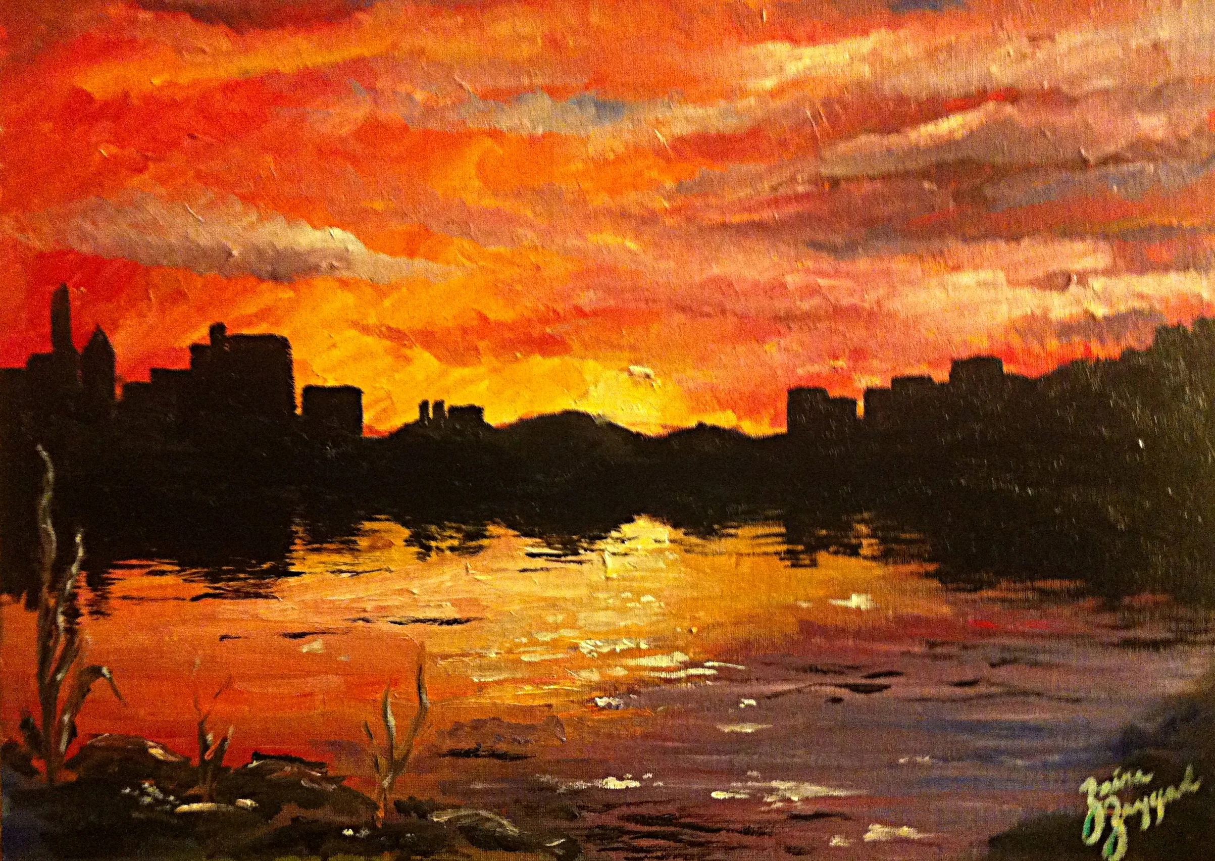  Sunset over the city.  Gifted to a dear friend from Davenport College.  Oil on canvas board, 2013, 20”x16” 