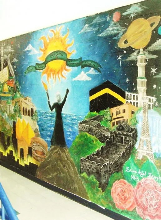  “Today’s Girls, Tomorrow’s Leaders” at Aqsa School, Bridgeview, IL  Indoor paint on concrete brick, 2008, 14’x8’ 