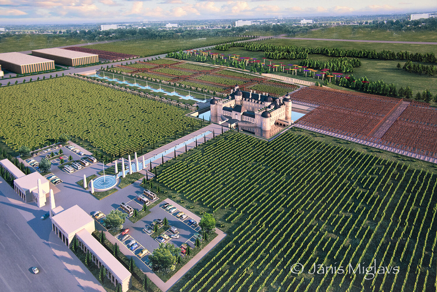 Aerial view painting of Chateau Changyu Moser XV estate winery, Ninxia, China.