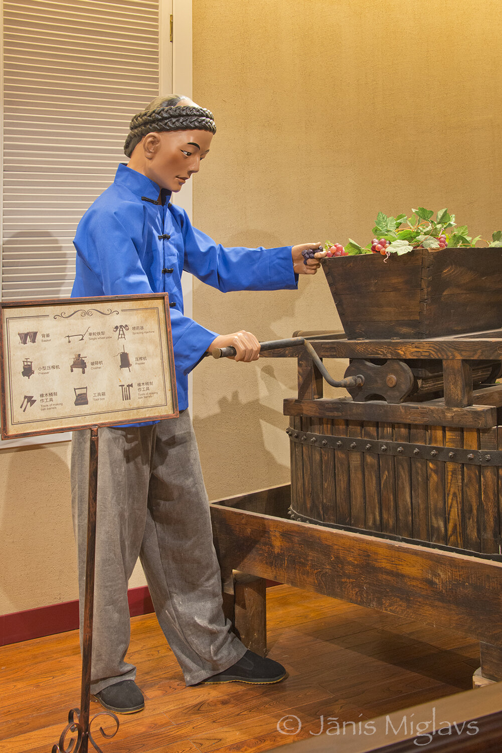 Chinese man working a small wine press in a winery display.