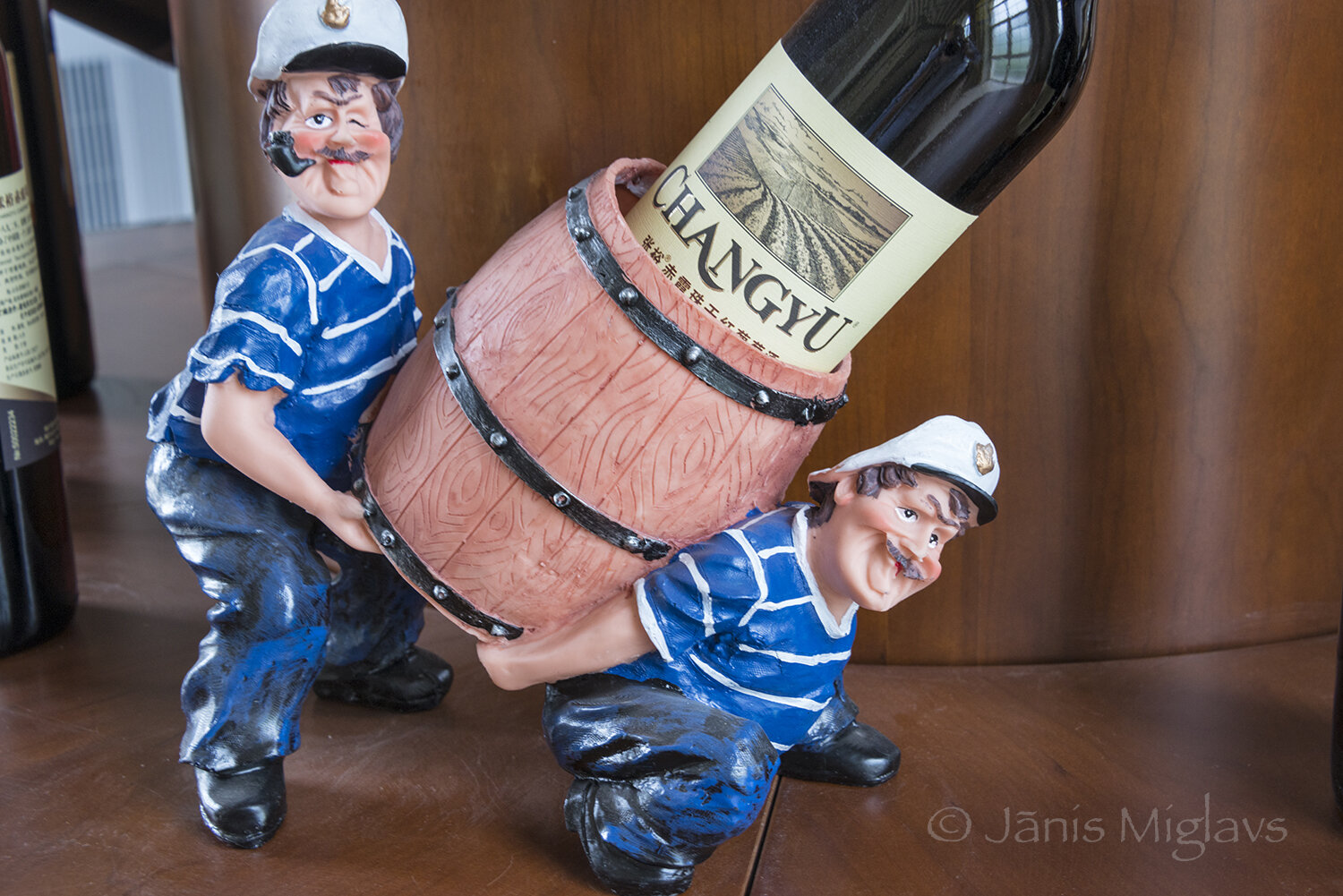 Humorous wine bottle holder in Chateau Changyu Moser winery gift shop.
